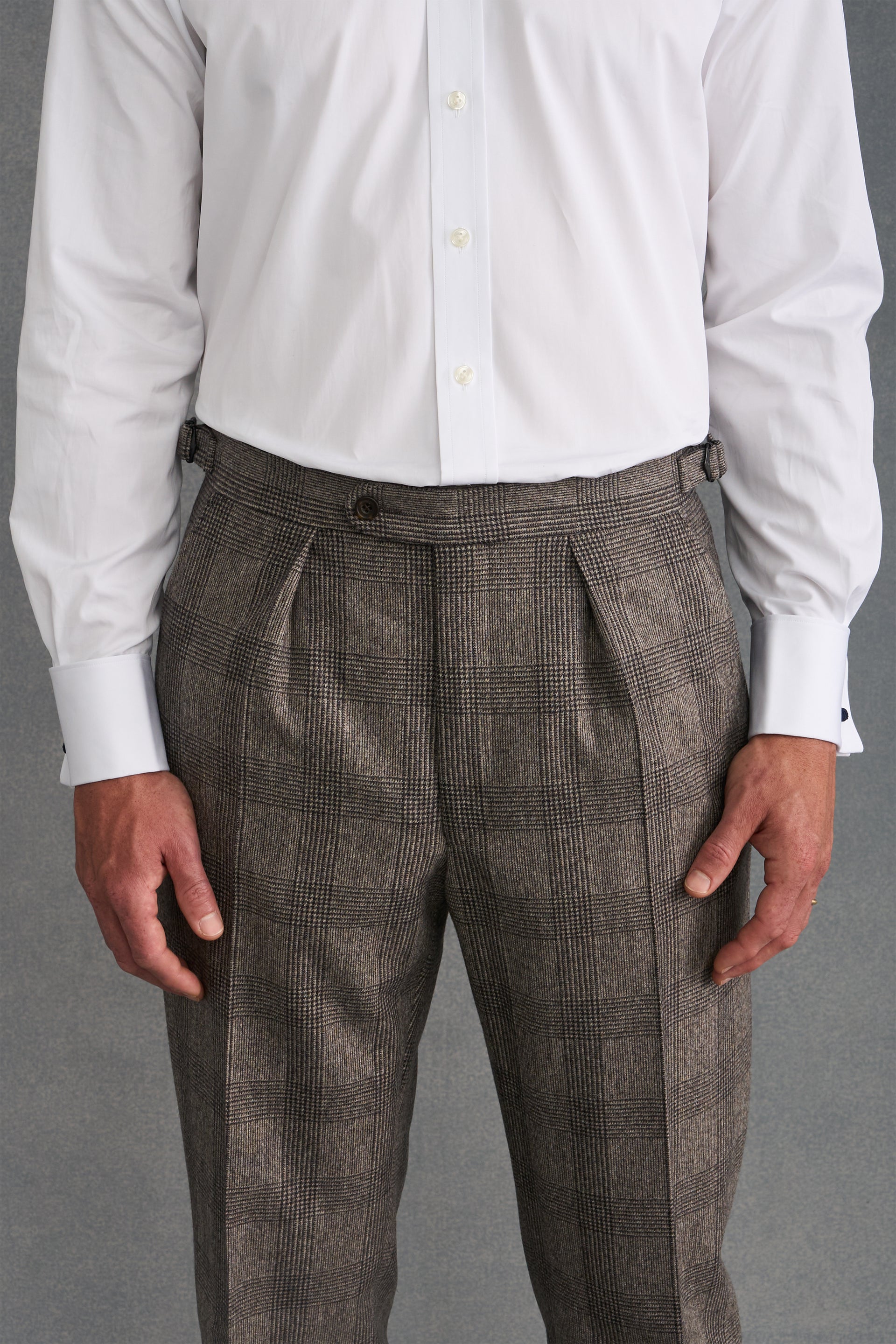 Brown Prince of Wales Check Single Pleat Flannel Suit Trousers