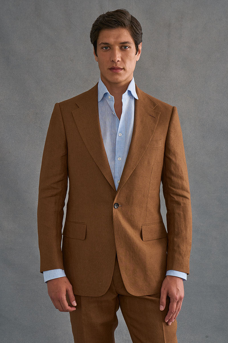 Brown Single Breasted House Cut Linen Jacket