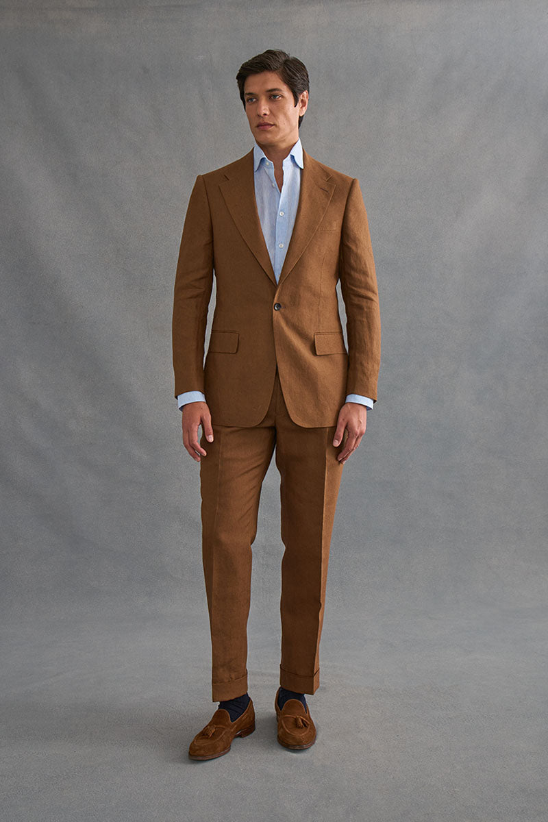 Brown Single Pleat Linen Trousers