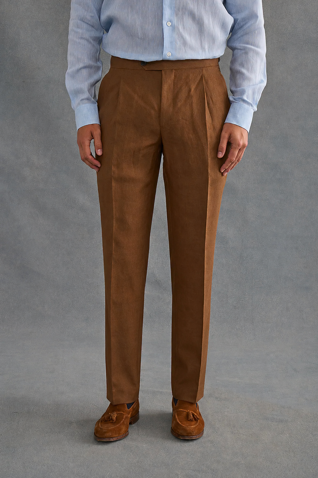 Brown Single Pleat Linen Trousers