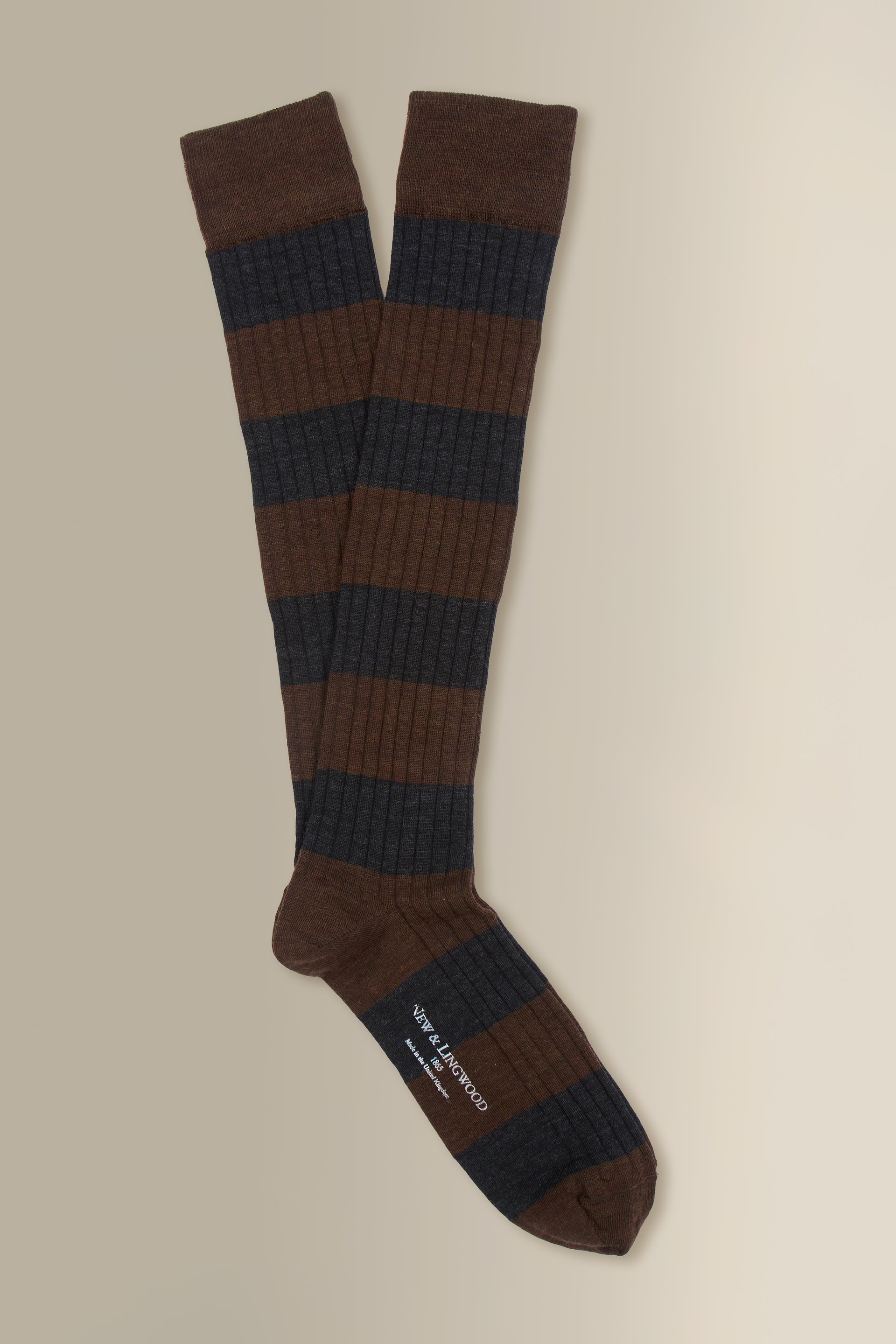 Brown & Dark Grey Stripe Long Lightweight Wool Socks