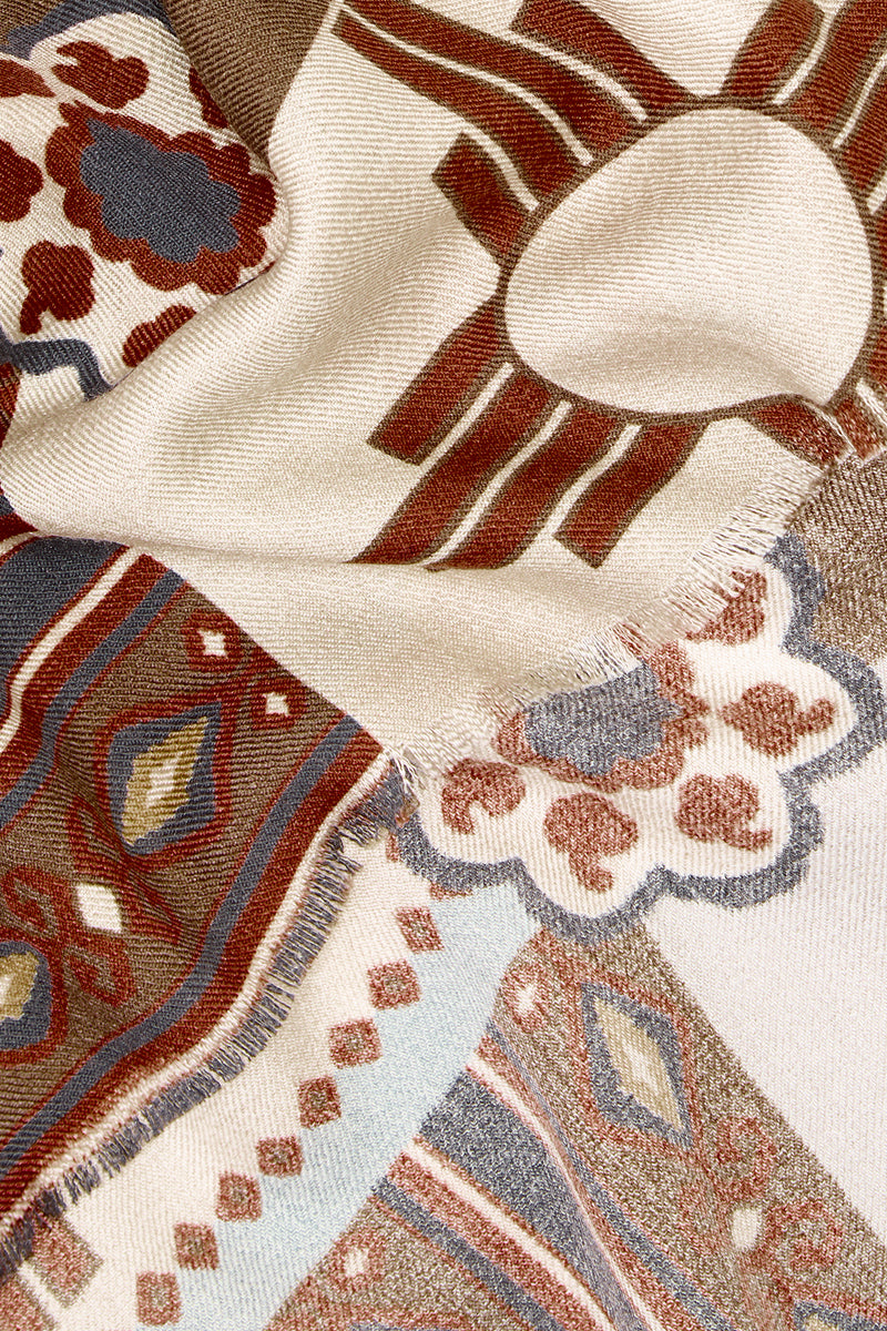 Brown & Navy Mosaic Wool & Silk Scarf