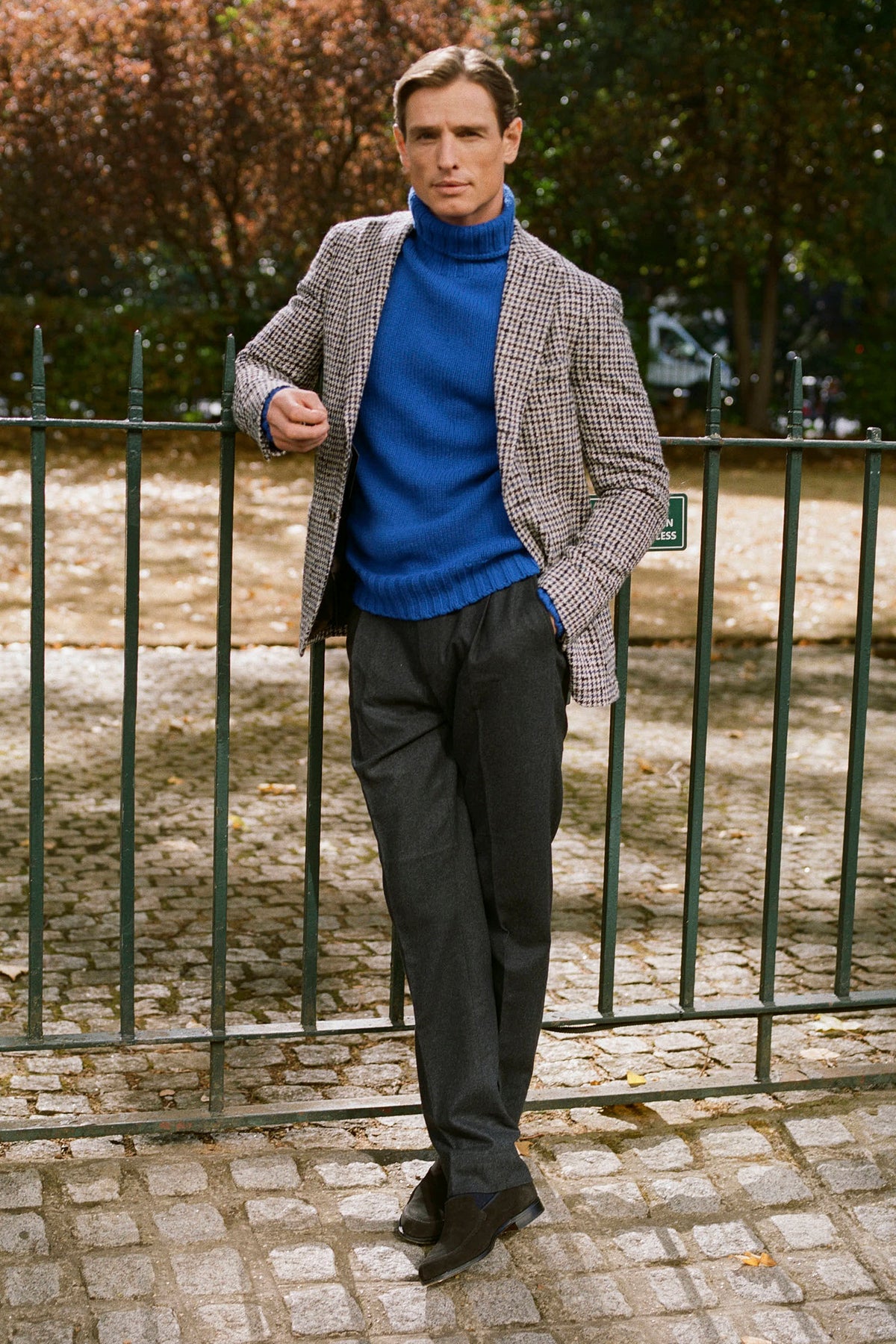 Cream & Teal Houndstooth Wool & Alpaca Blazer