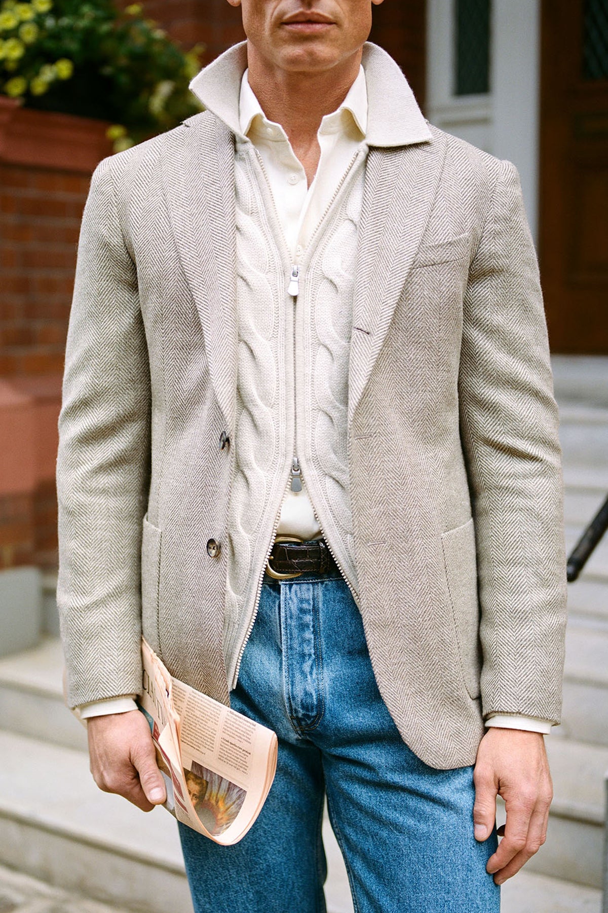 Cream Cable Knit Two Way Zip Cashmere Cardigan