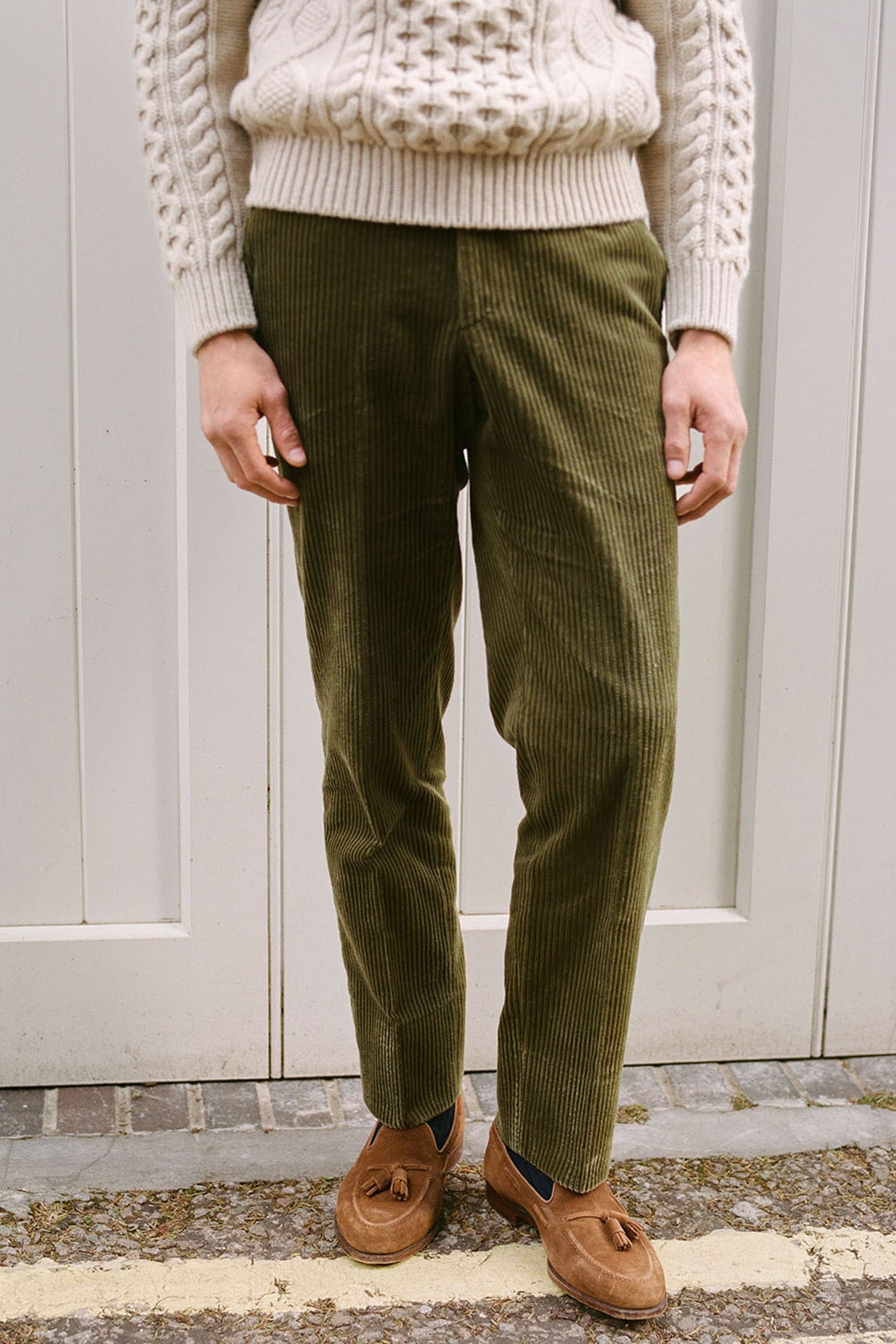 Green Flat Front 5 Wale Corduroy Trousers