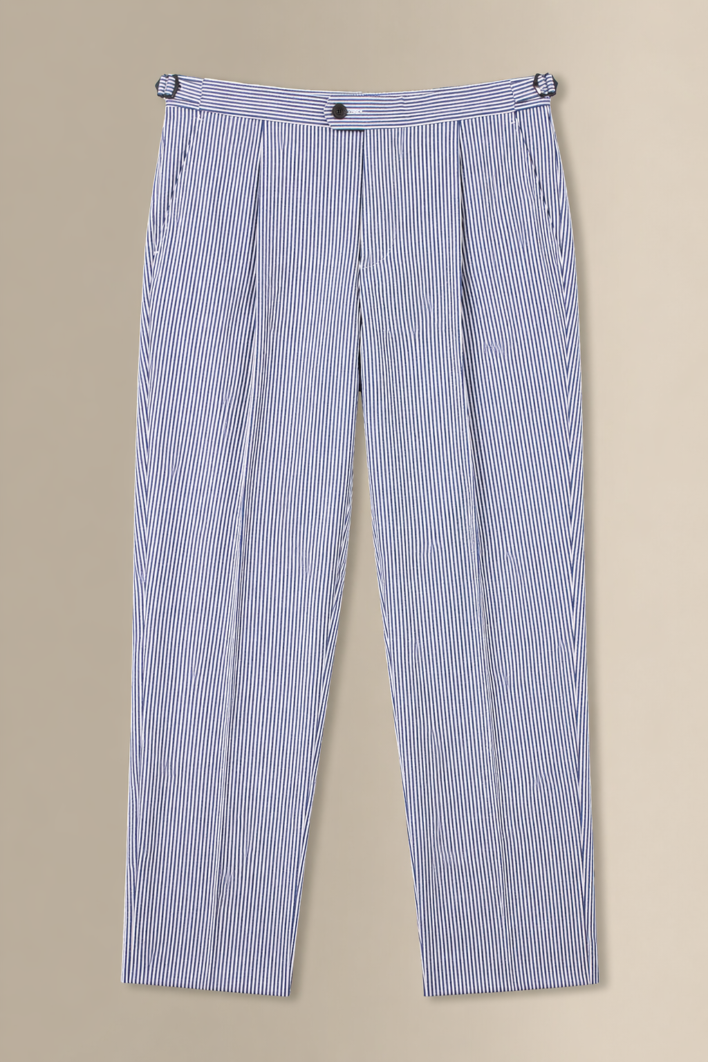Navy & White Stripe Single Pleat Seersucker Trousers