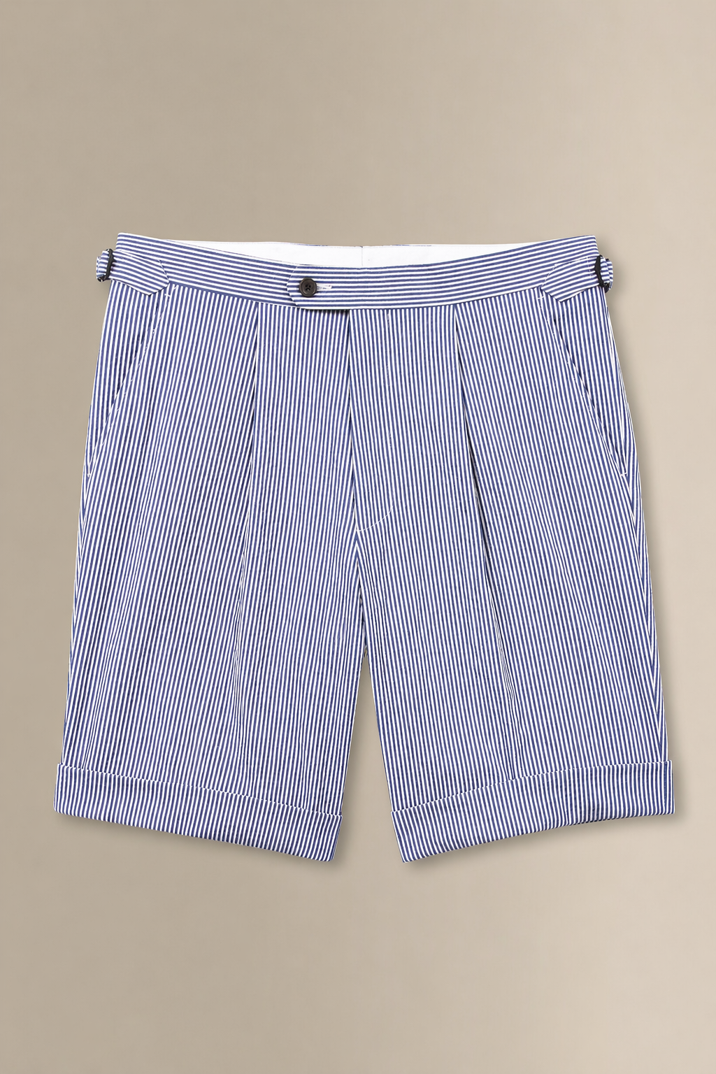 Navy & White Stripe Single Pleat Seersucker Shorts