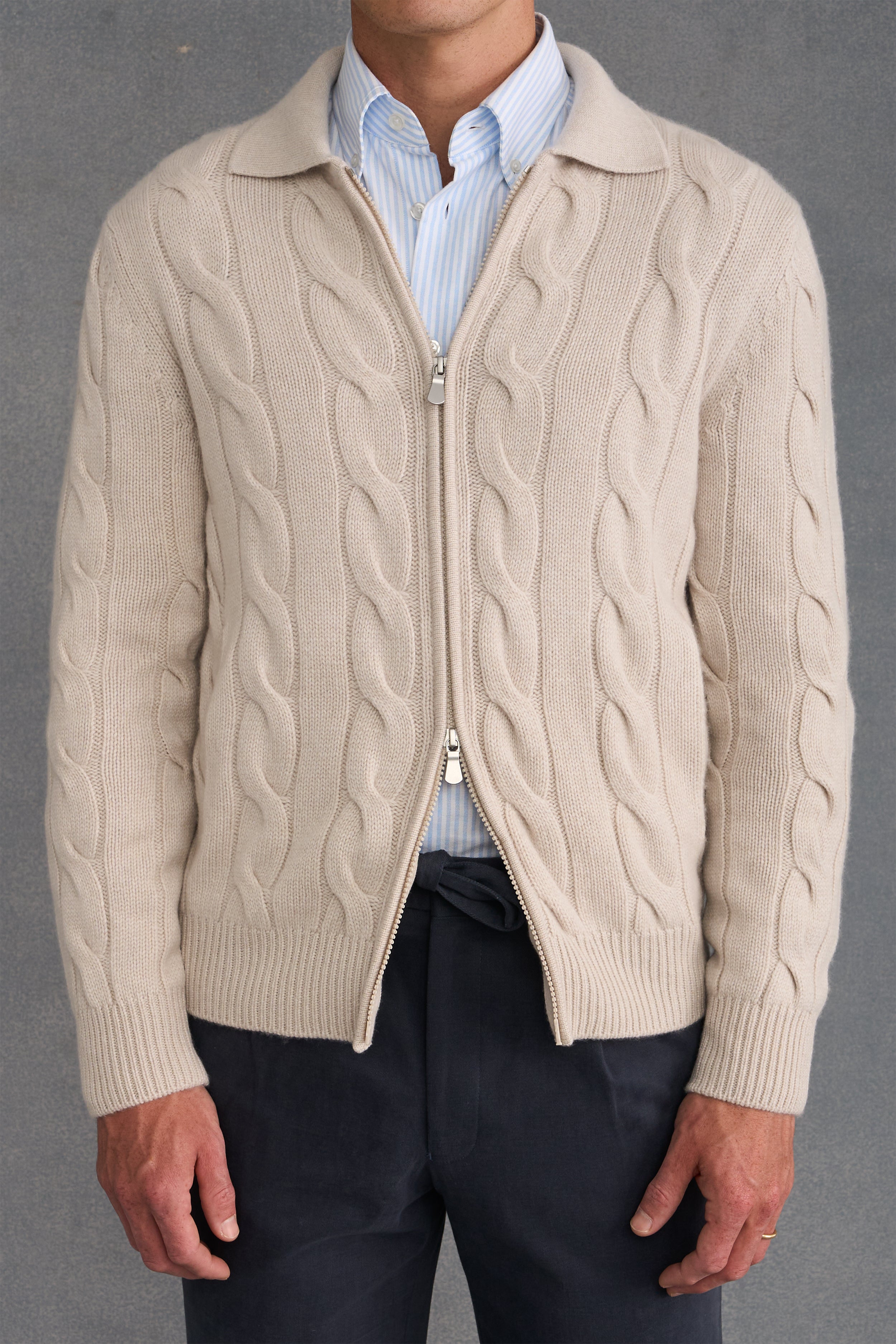 Cream Cable Knit Two Way Zip Cashmere Cardigan – New and Lingwood