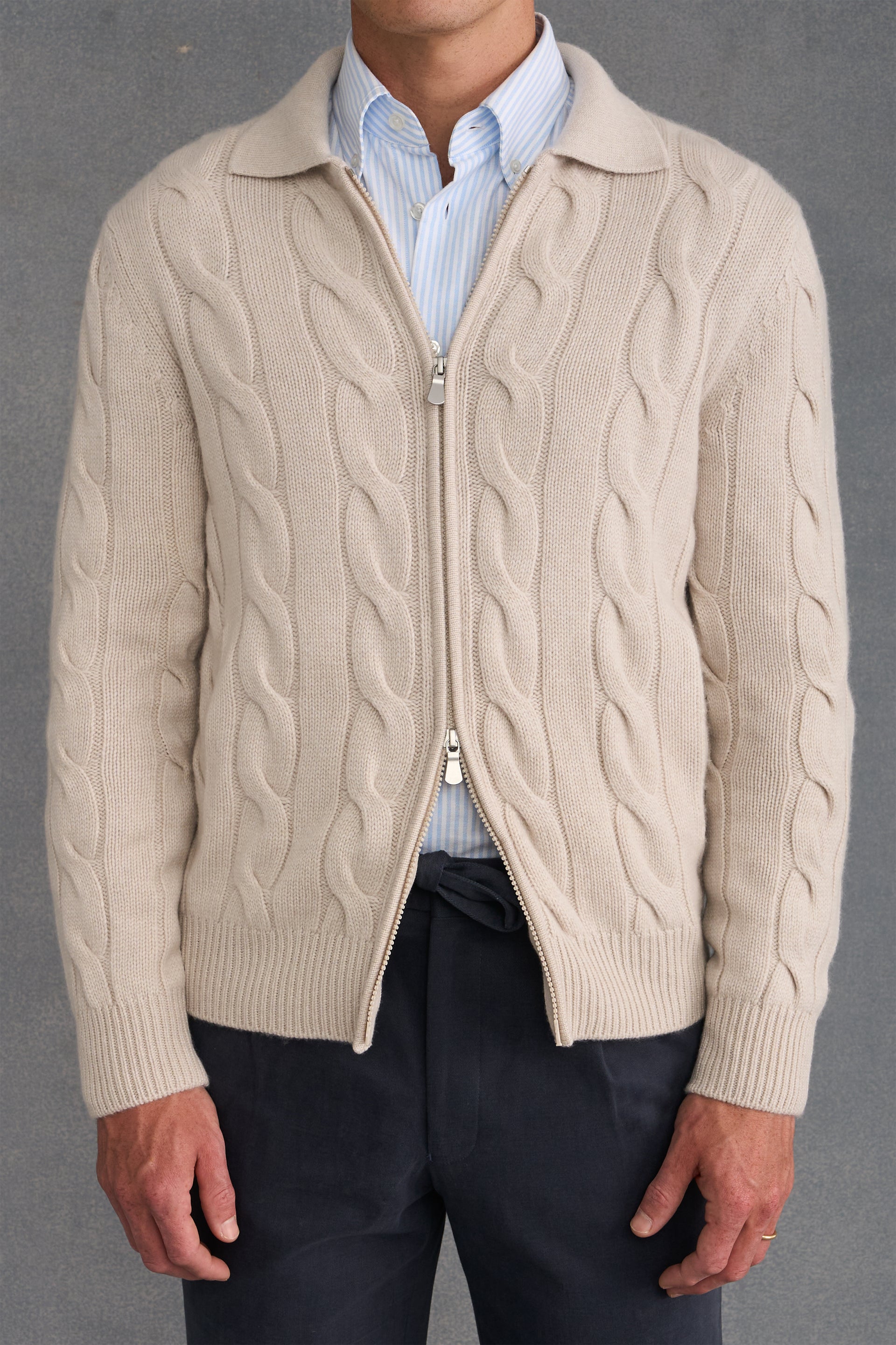 Cream Cable Knit Two Way Zip Cashmere Cardigan