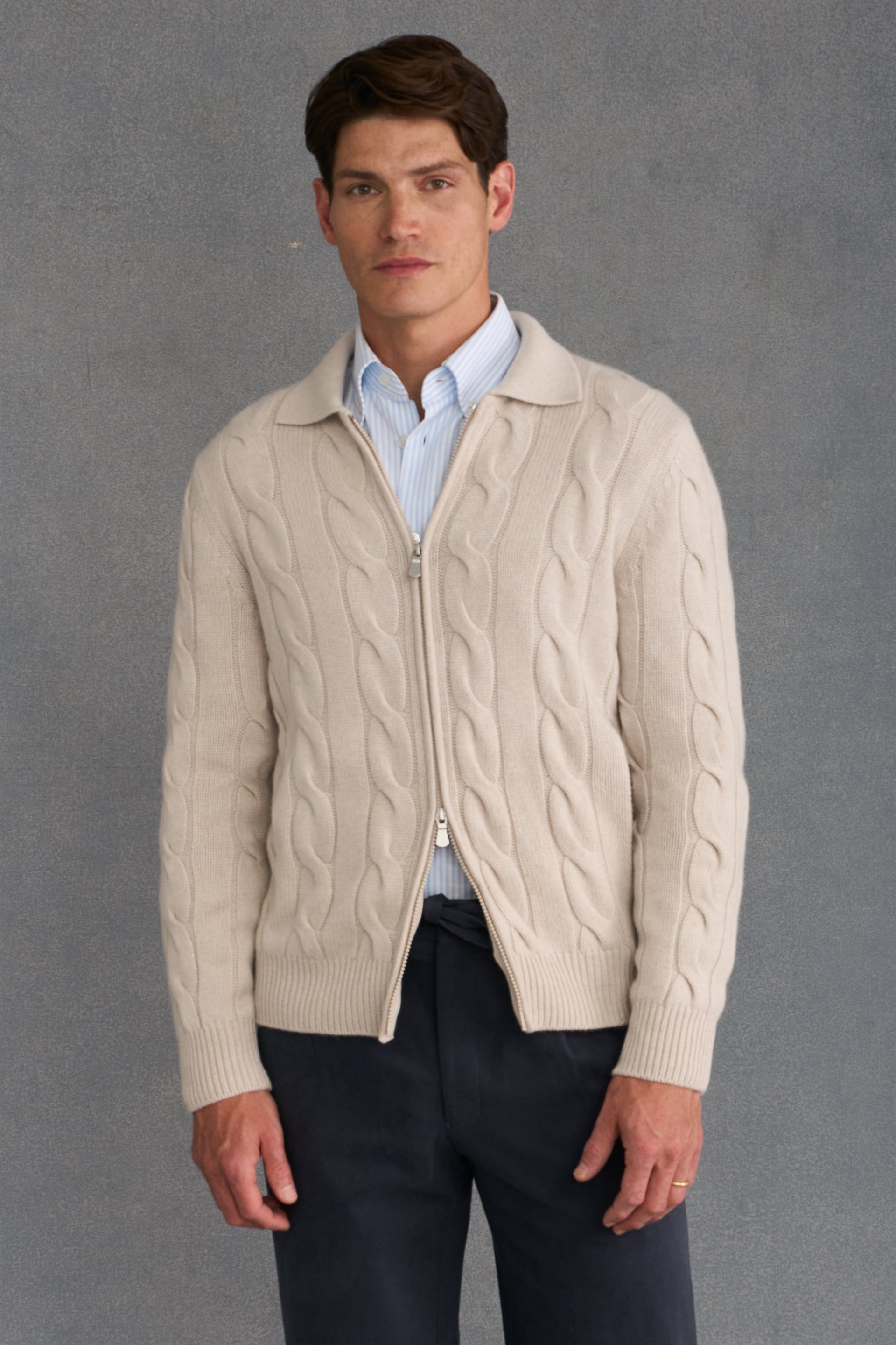Cream Cable Knit Two Way Zip Cashmere Cardigan