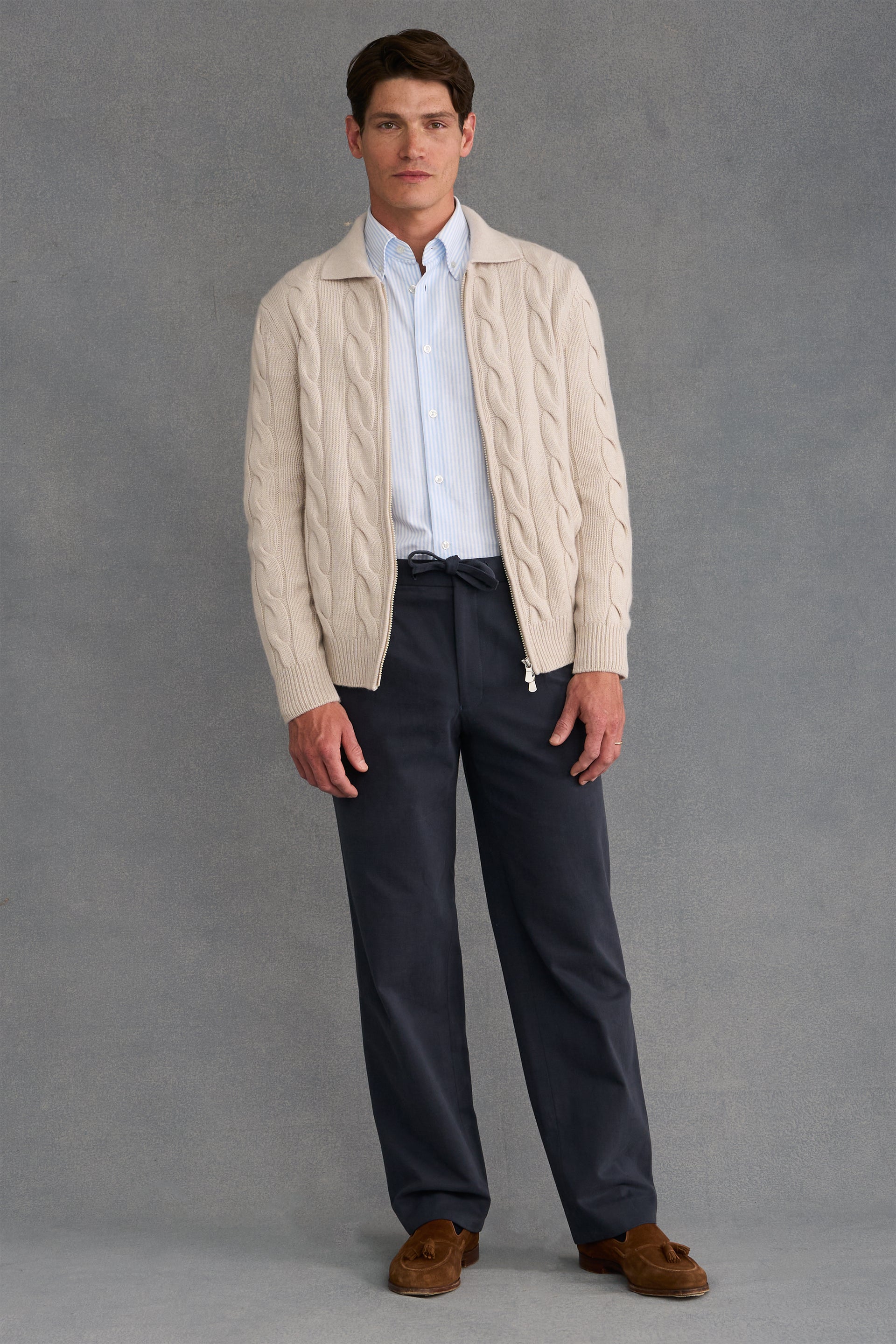 Cream Cable Knit Two Way Zip Cashmere Cardigan