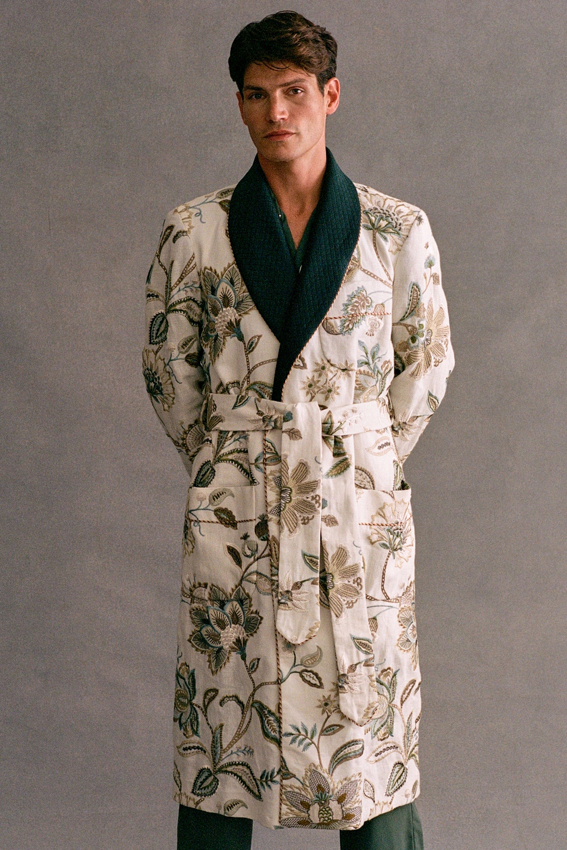 Cream Embroidered Floral Lined Dressing Gown