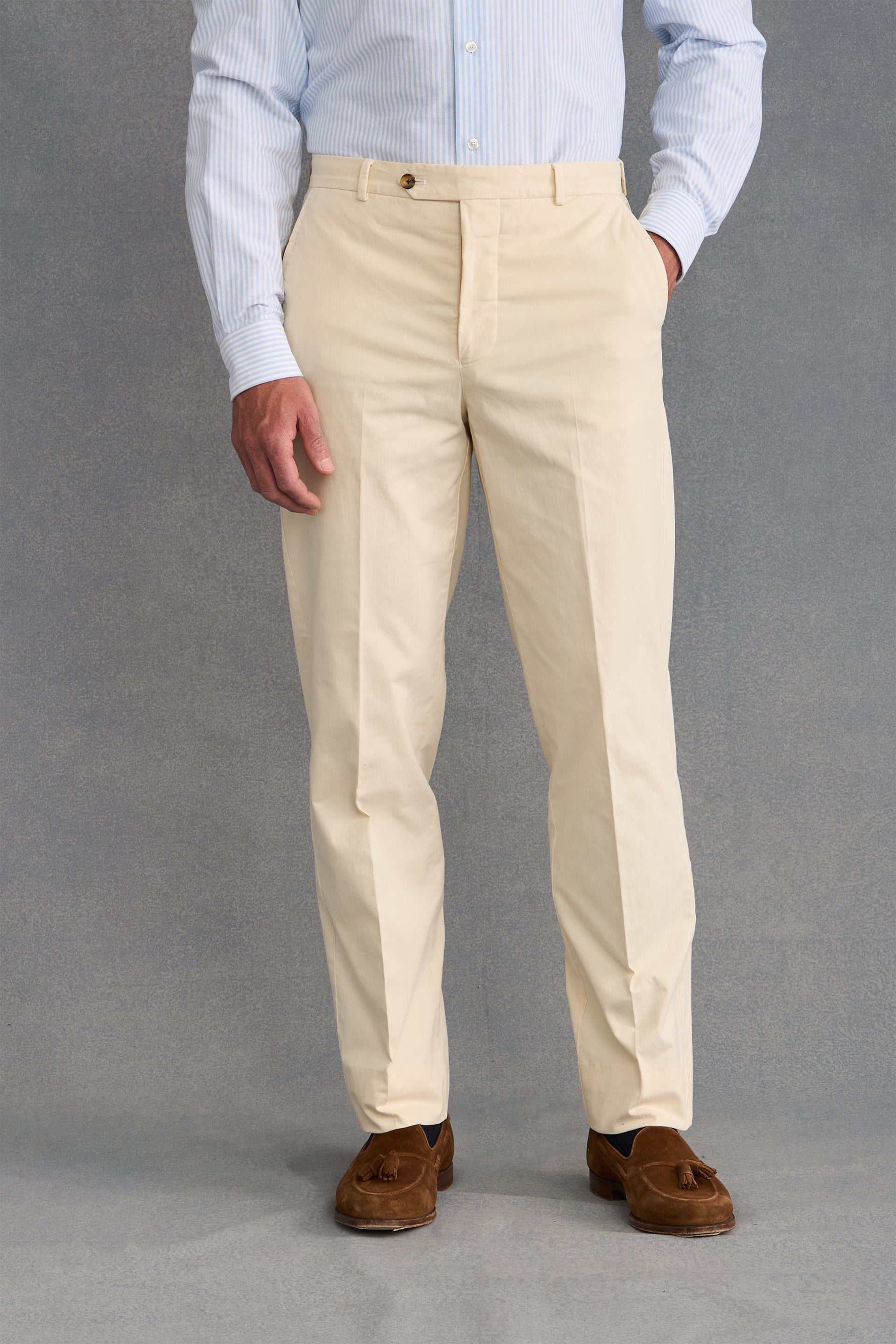 Cream Flat Front Garment Dyed Trousers