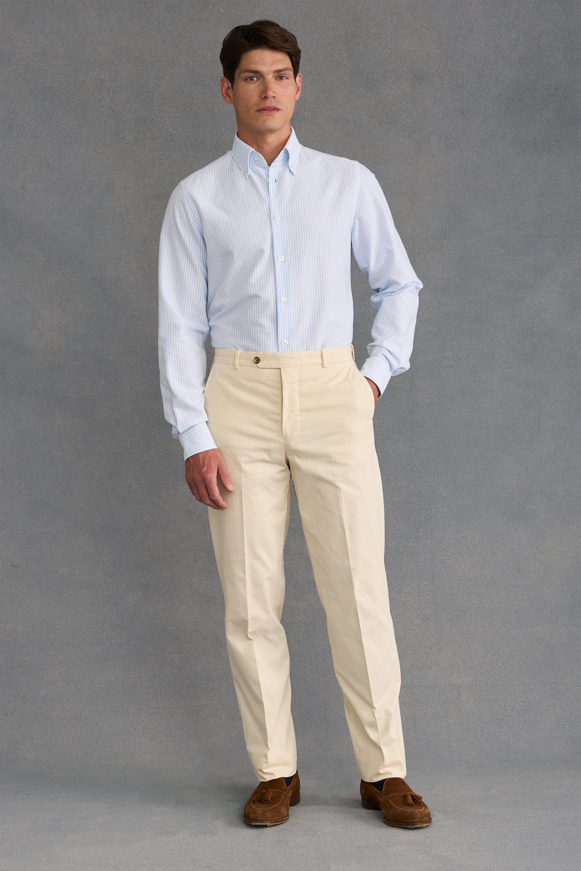 Cream Flat Front Garment Dyed Trousers