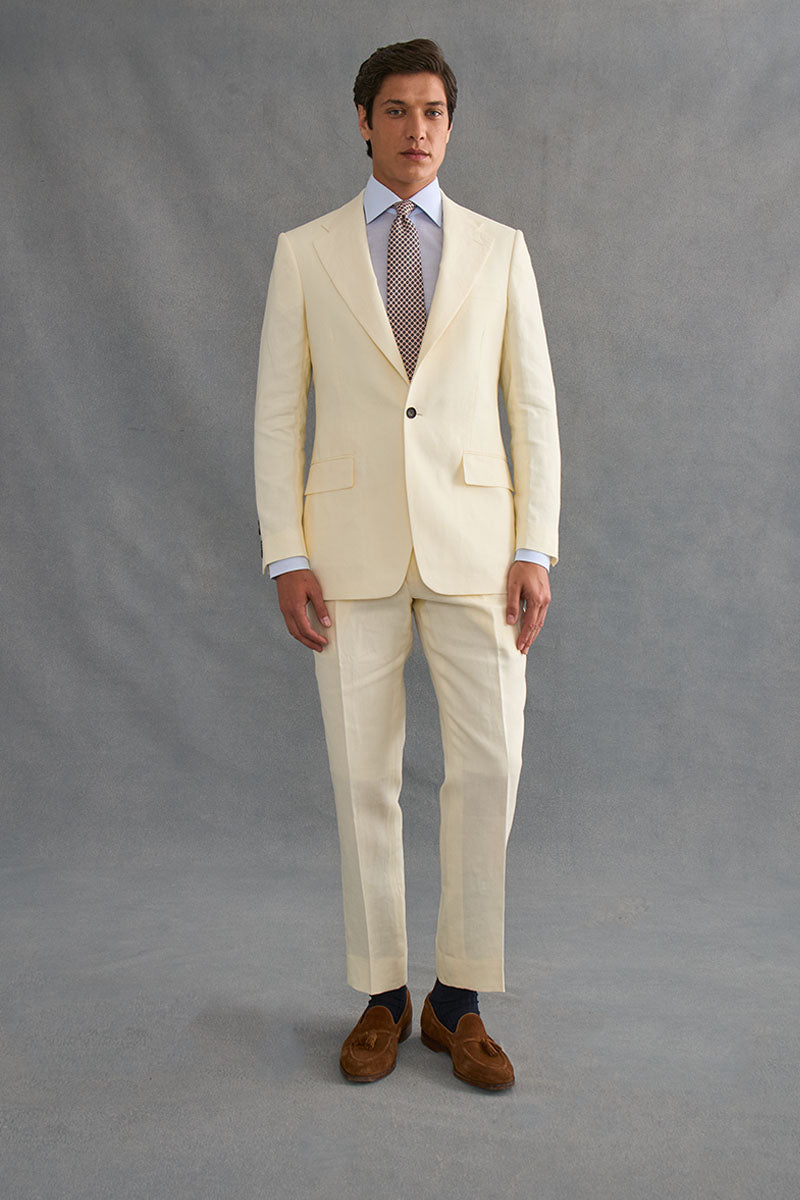 Cream Single Pleat Linen Trousers