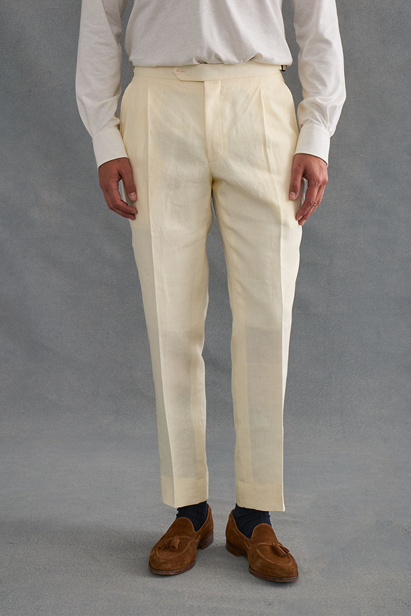 Cream Single Pleat Linen Trousers