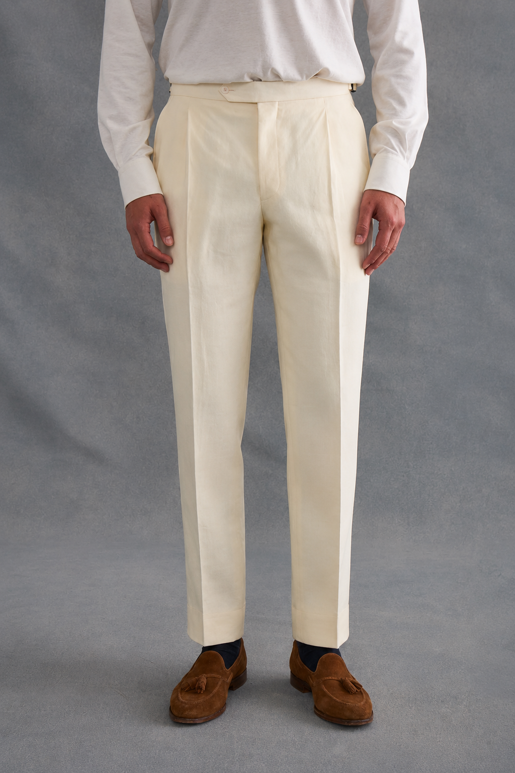 Cream Single Pleat Linen Trousers