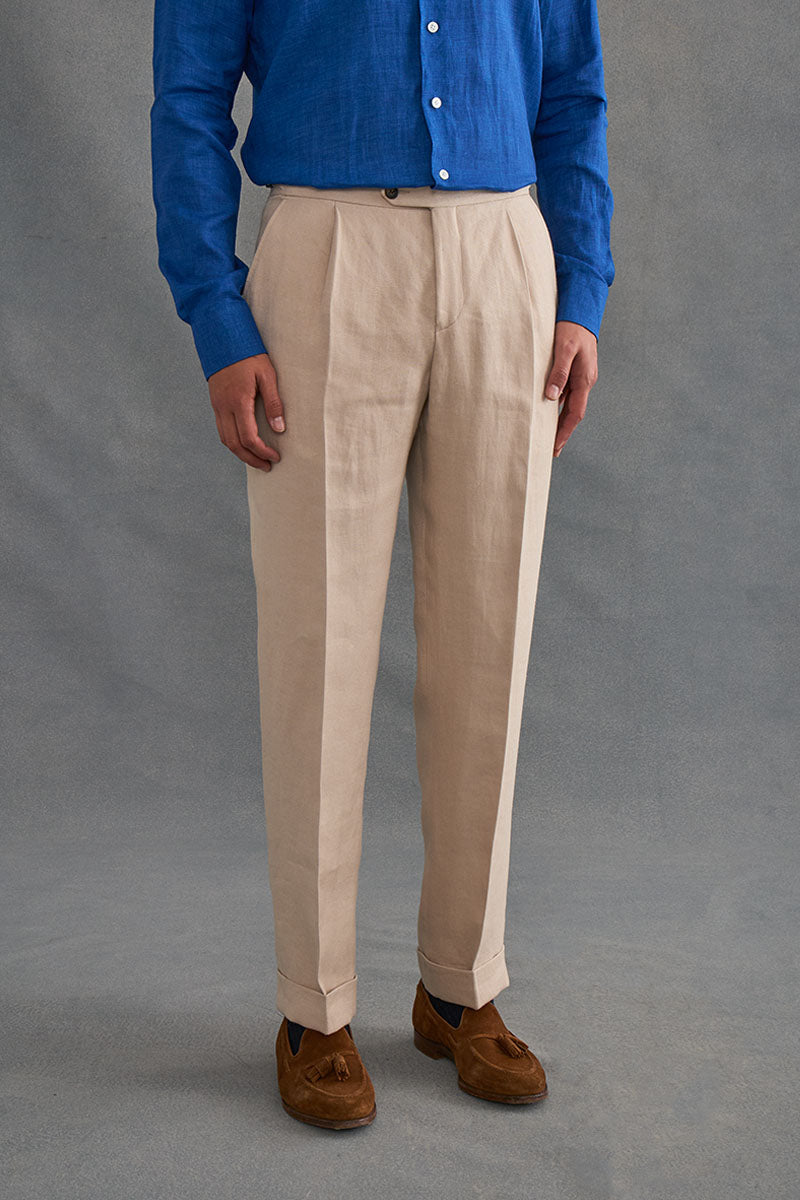 Cream Single Pleat Linen Twill Trousers