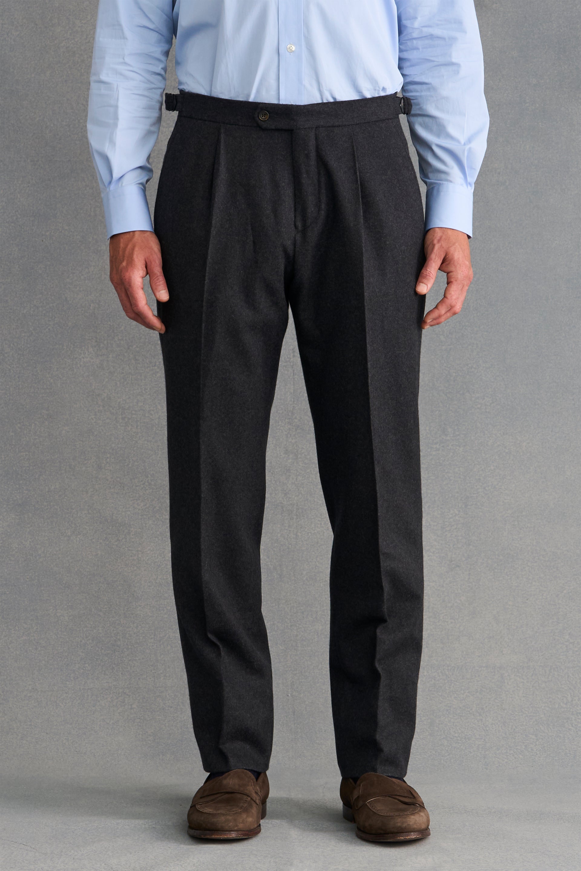 Dark Grey Single Pleat Flannel Trousers