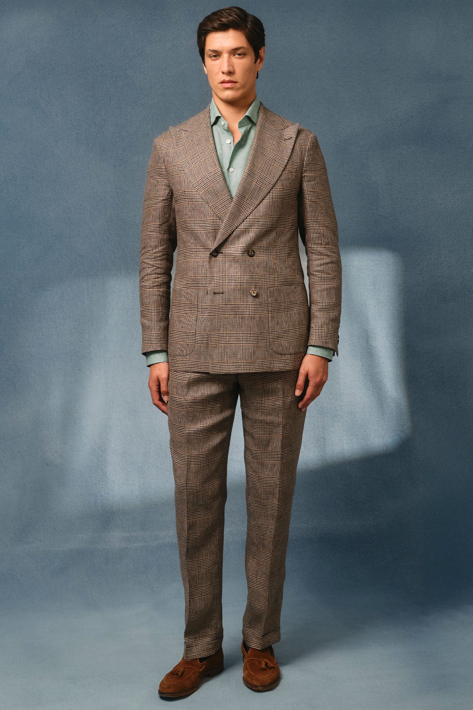 Brown & Blue Glen Check Double Breasted Linen Jacket