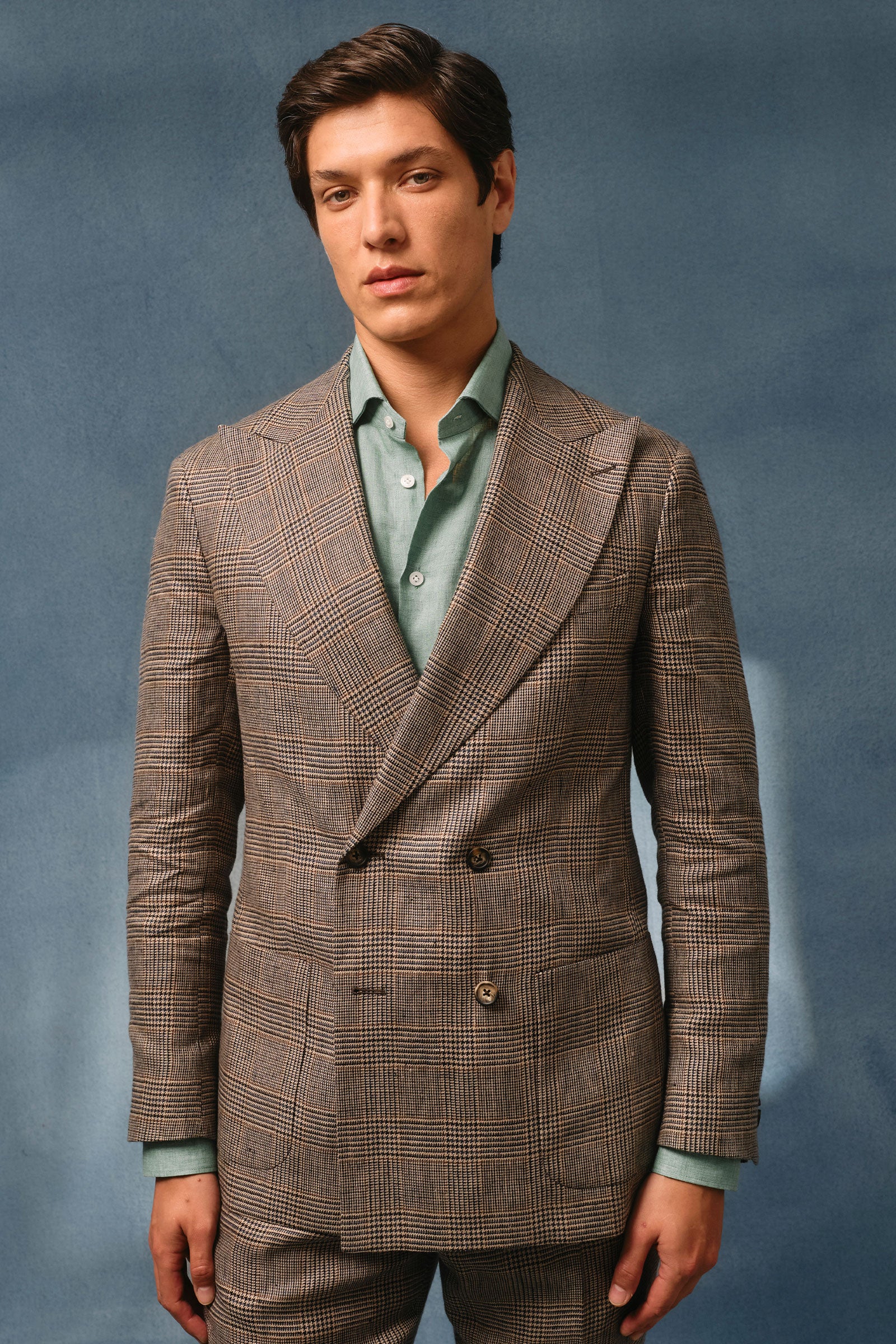 Brown & Blue Prince of Wales Check Double Breasted Linen Jacket