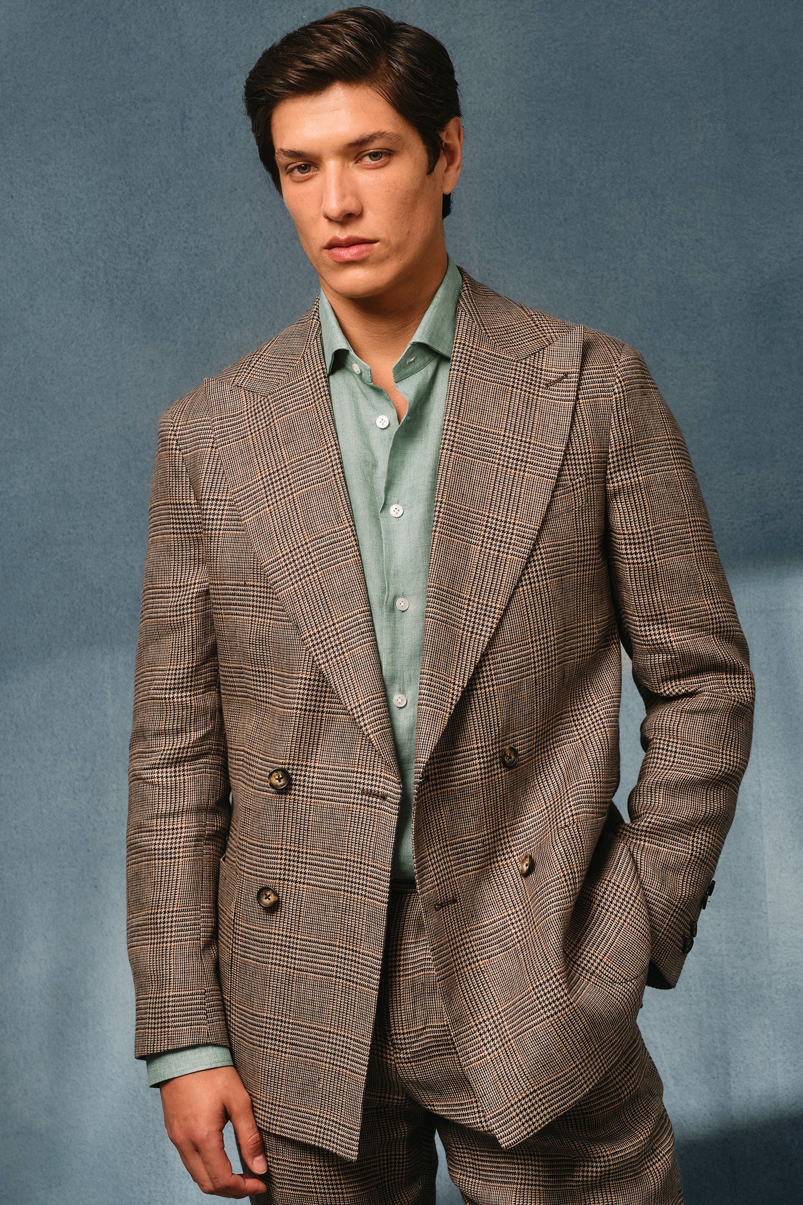 Brown & Blue Glen Check Double Breasted Linen Jacket