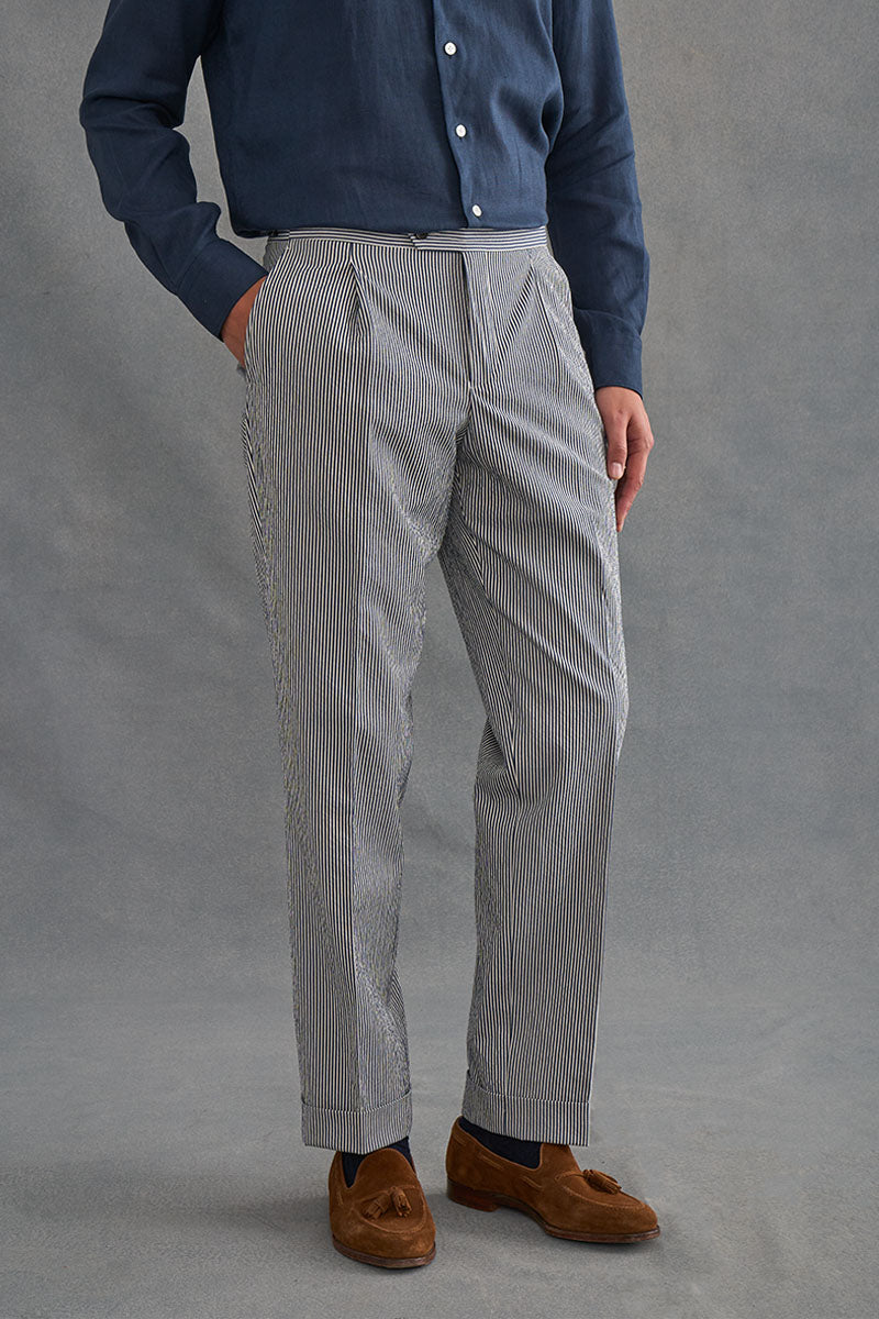 Navy & White Stripe Single Pleat Seersucker Trousers