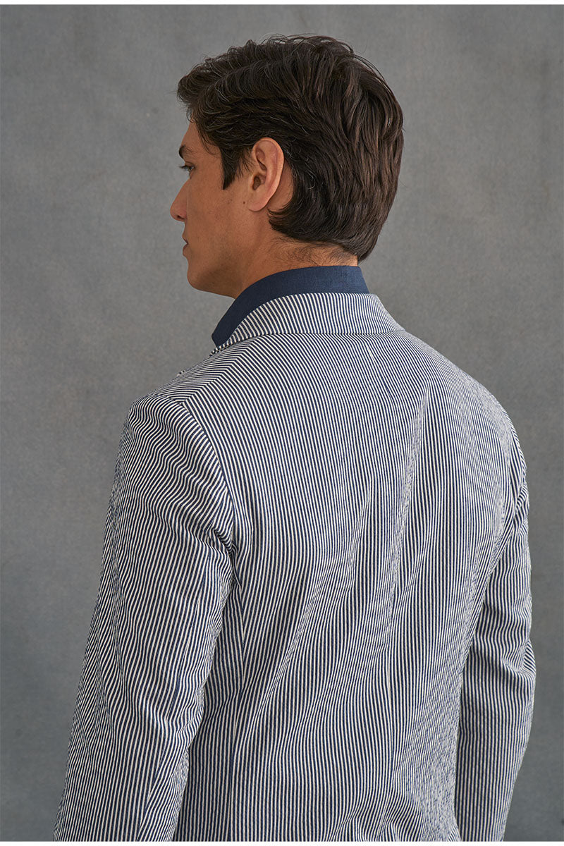 Navy & White Stripe Single Breasted Seersucker Jacket