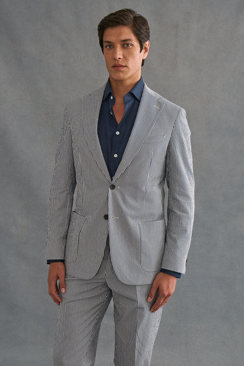 Navy & White Stripe Single Breasted Seersucker Jacket