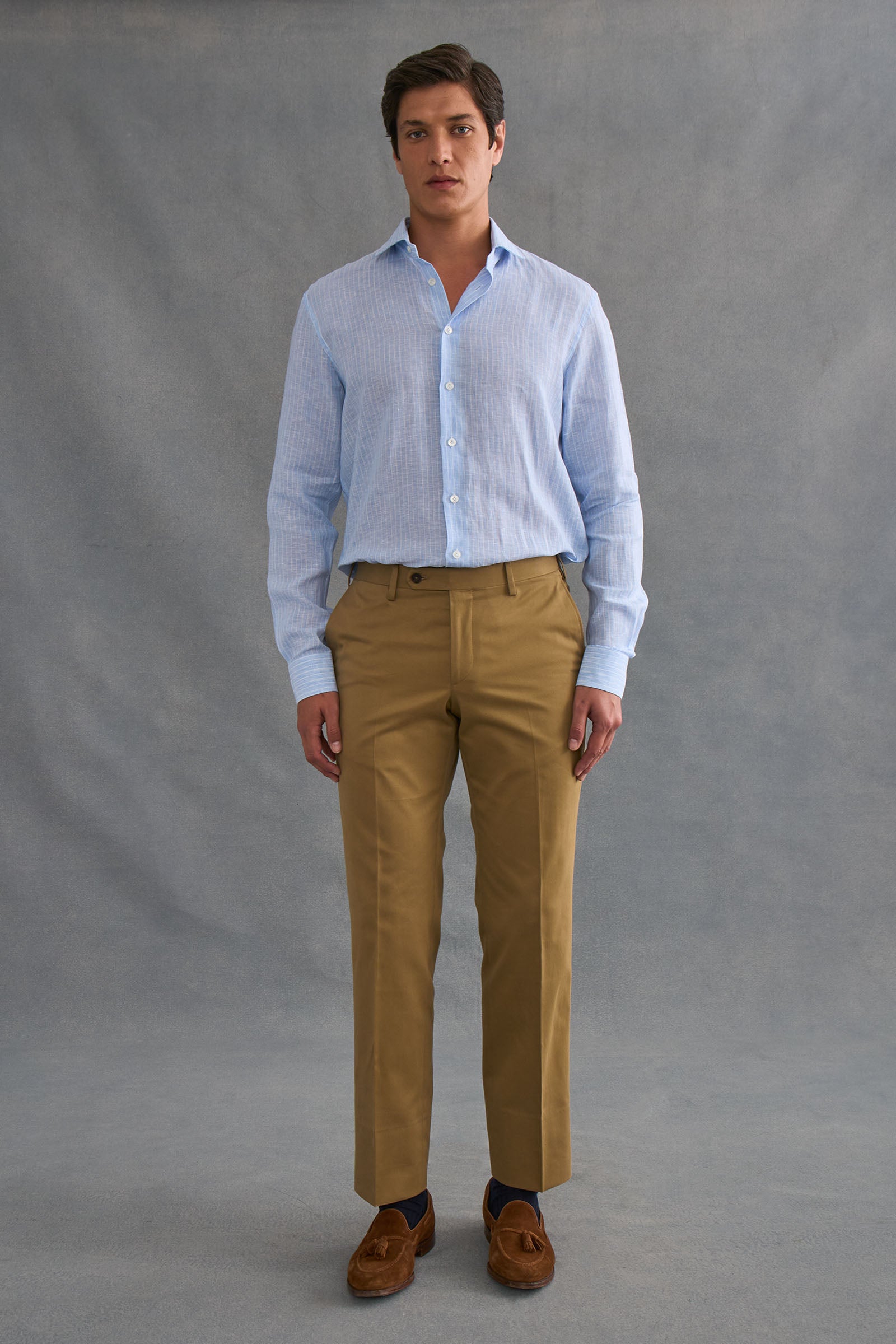 Blue & White Stripe Cutaway Collar Tailored Fit Single Cuff Linen Shirt