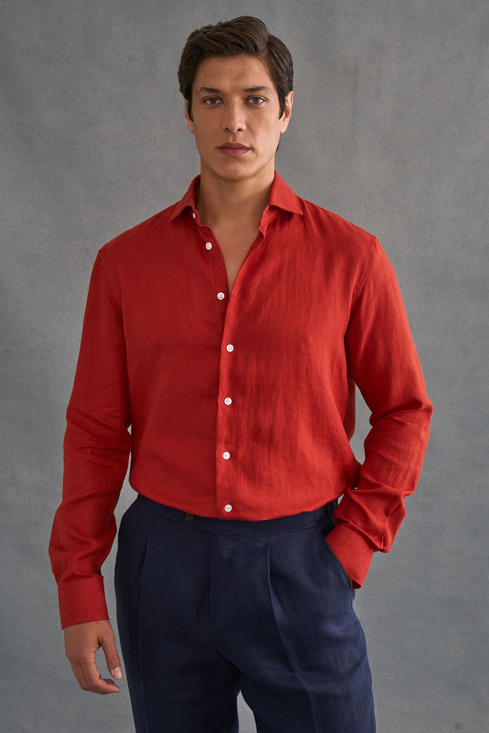 Rust Cutaway Collar Standard Fit Single Cuff Linen Shirt