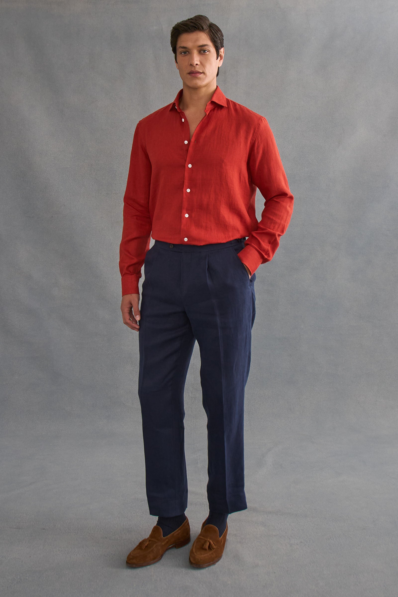 Rust Cutaway Collar Standard Fit Single Cuff Linen Shirt