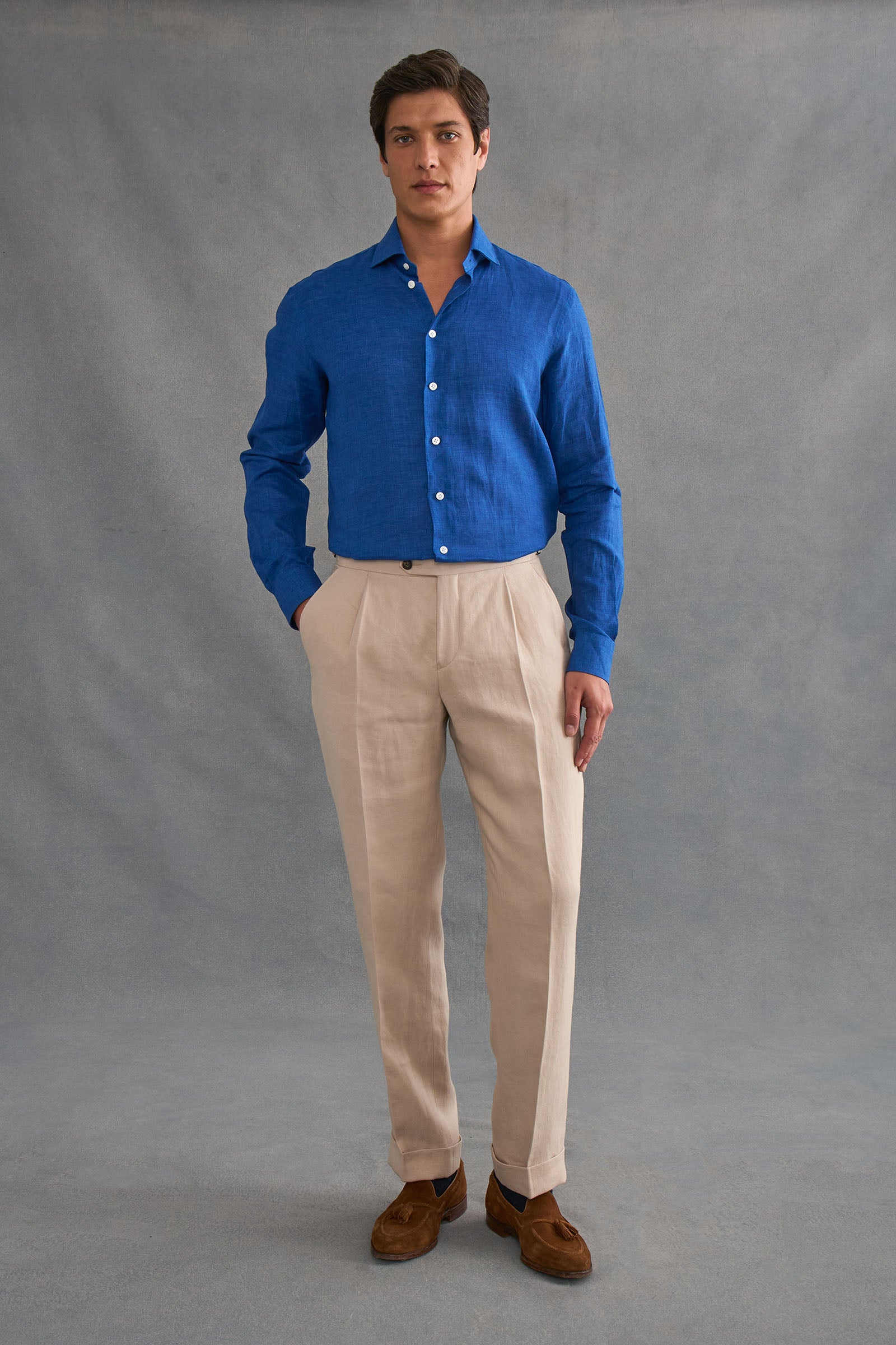 Cobalt Cutaway Collar Standard Fit Single Cuff Linen Shirt