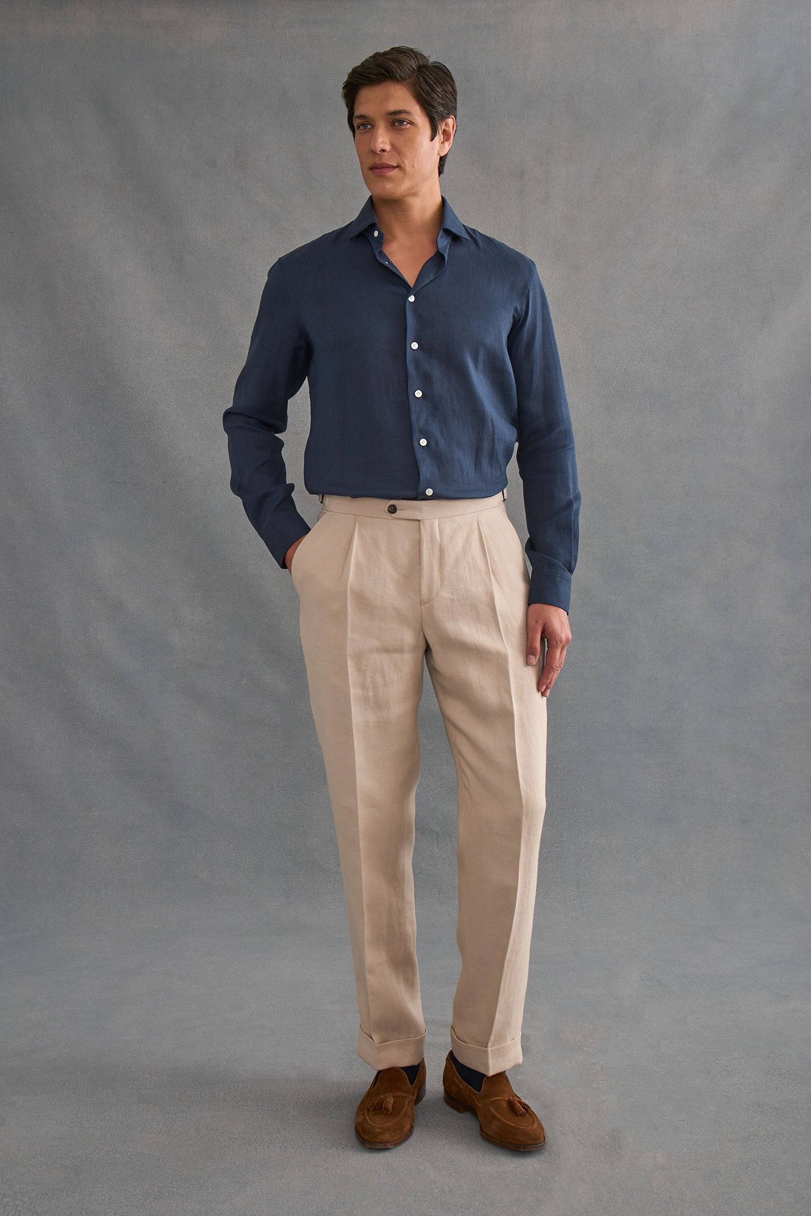 Navy Cutaway Collar Standard Fit Single Cuff Linen Shirt