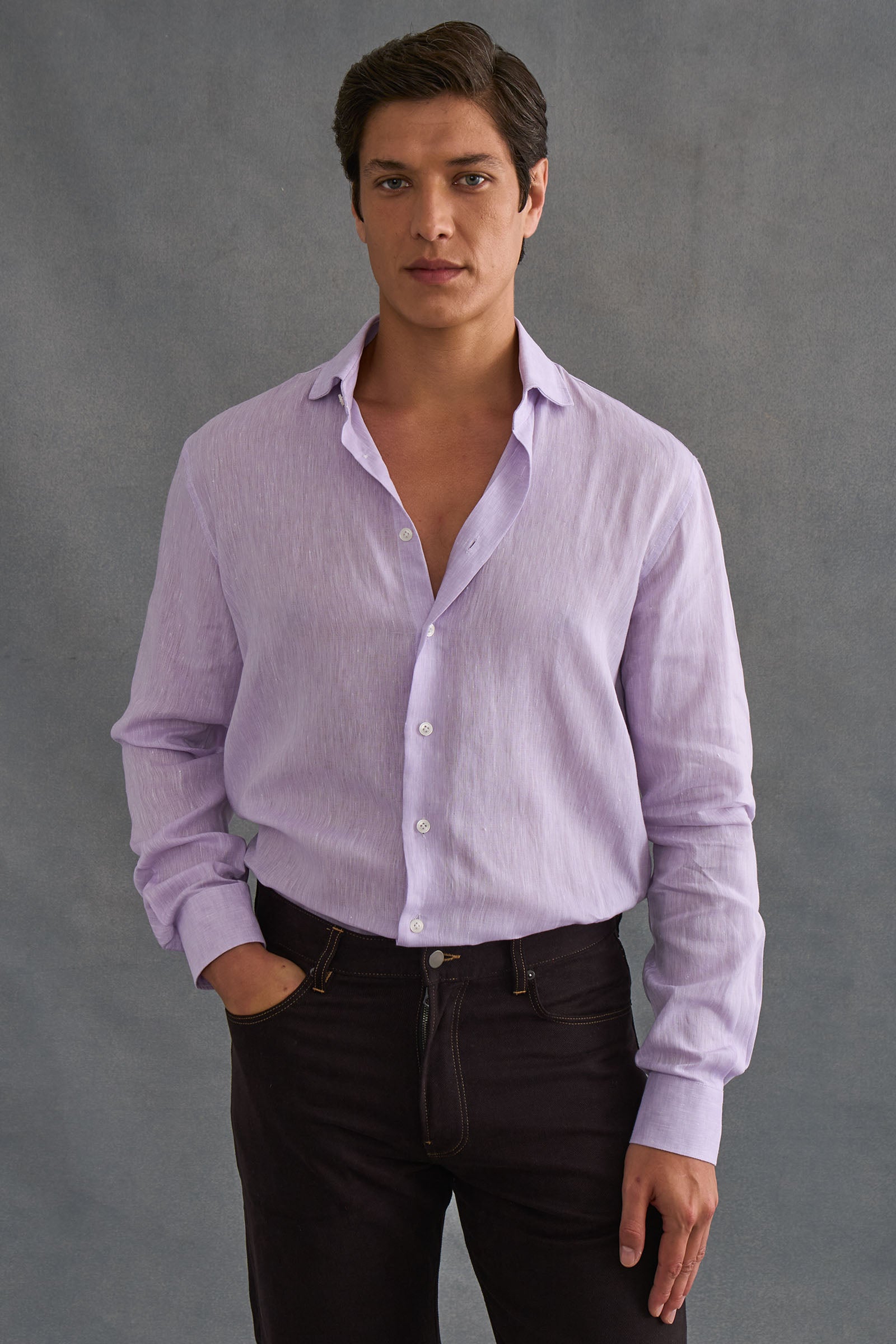 Lilac Cutaway Collar Standard Fit Single Cuff Linen Shirt
