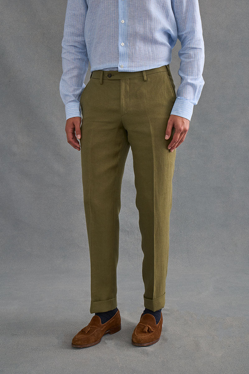 Green Single Pleat Linen Twill Trousers