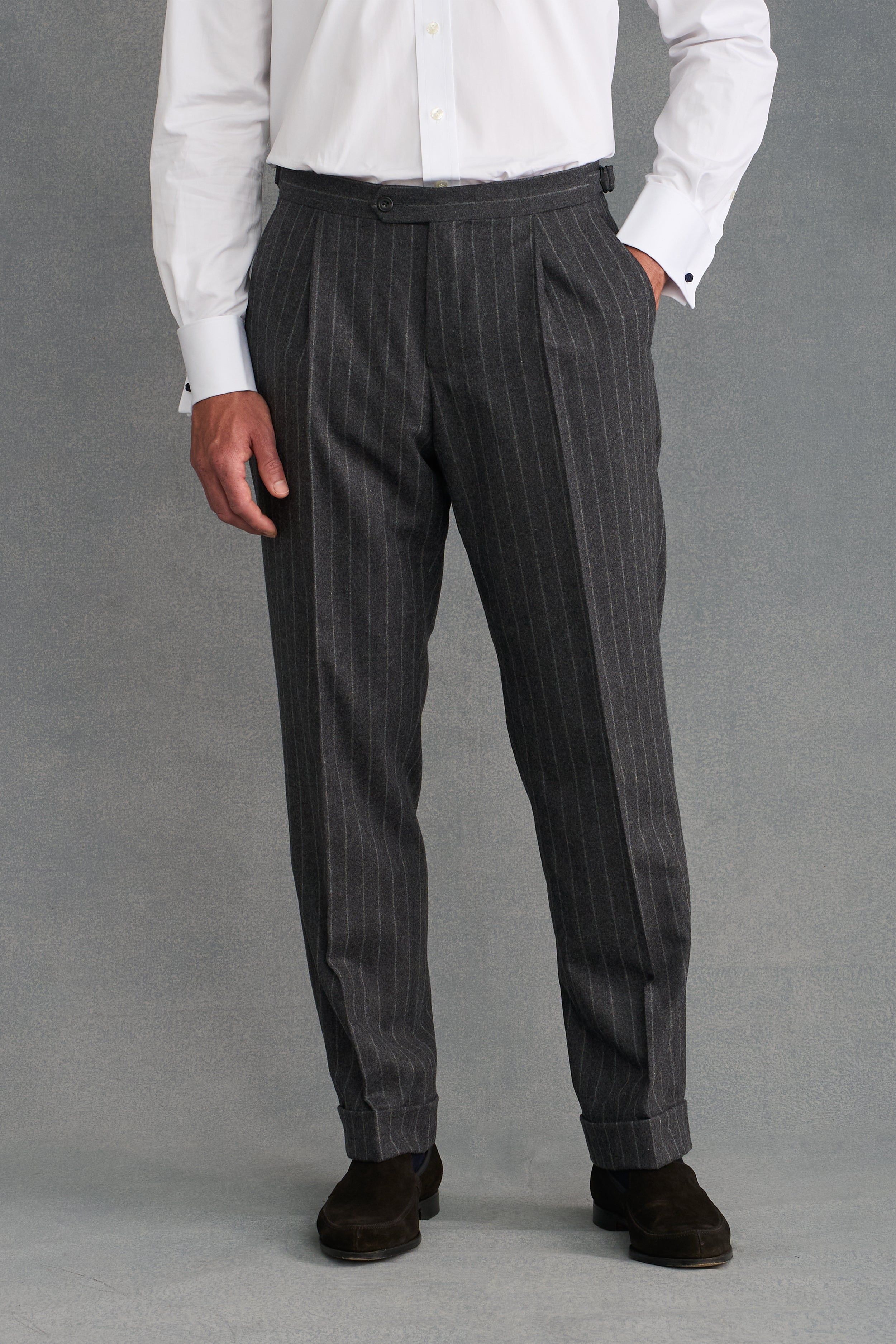 Grey Chalk Stripe Single Pleat Flannel Suit Trousers – New and Grey Chalk Stripe Single Pleat Flannel Suit Trousers – New and