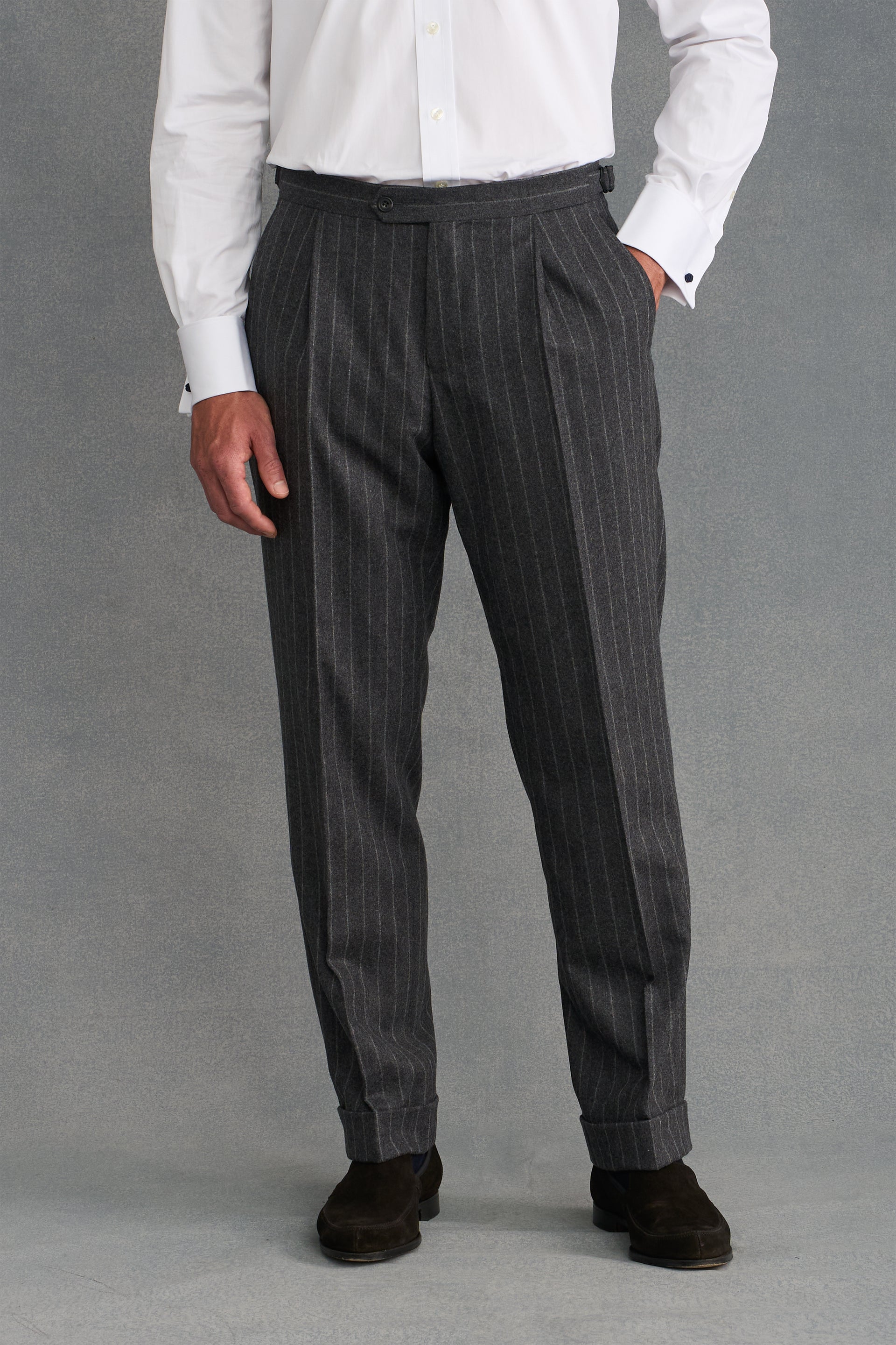 Grey Chalk Stripe Single Pleat Flannel Suit Trousers