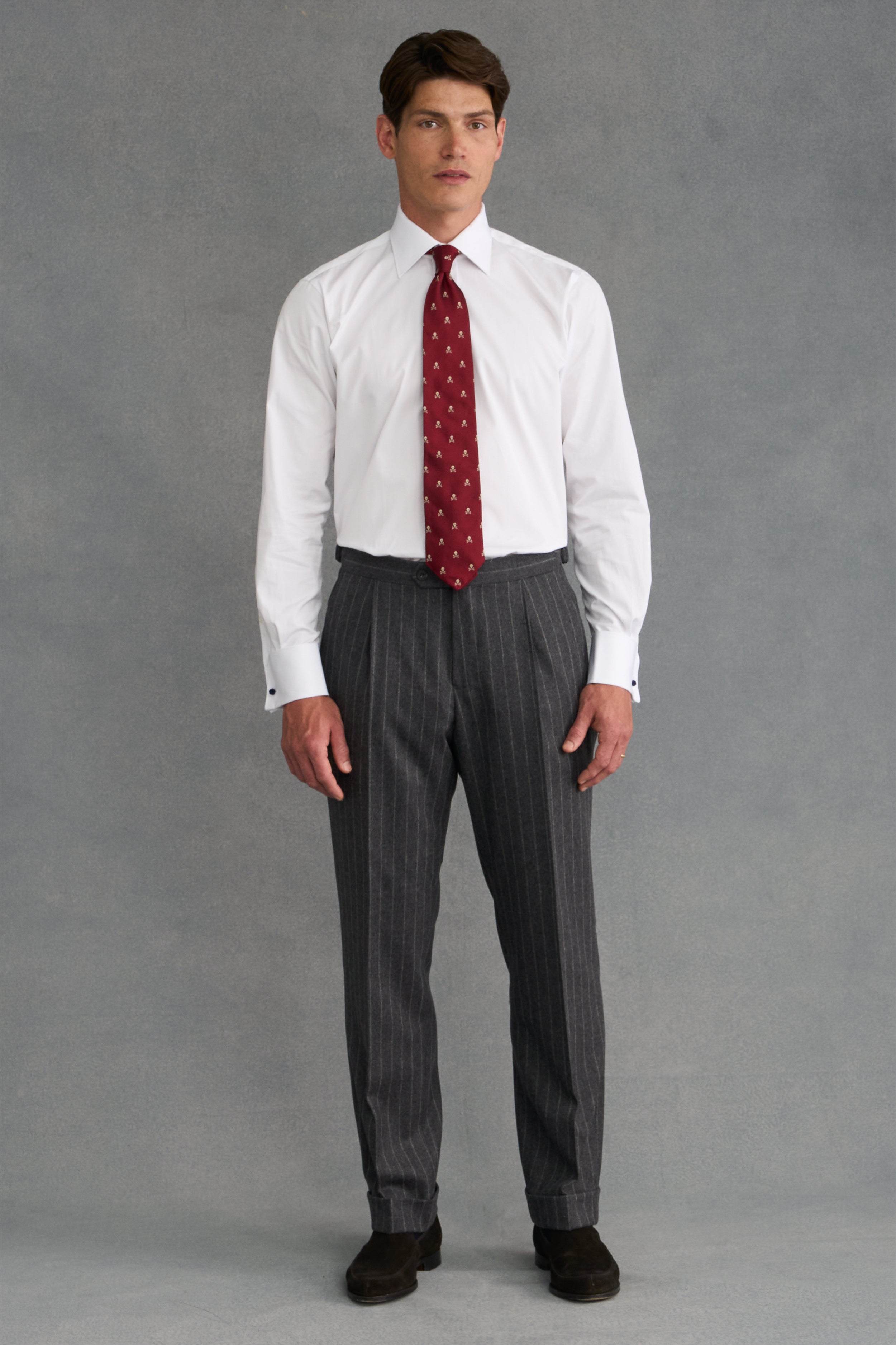 Wool Chalk Stripe Slacks　HEATHER GRAY Grey Chalk Stripe Single Pleat Flannel Suit Trousers – New and
