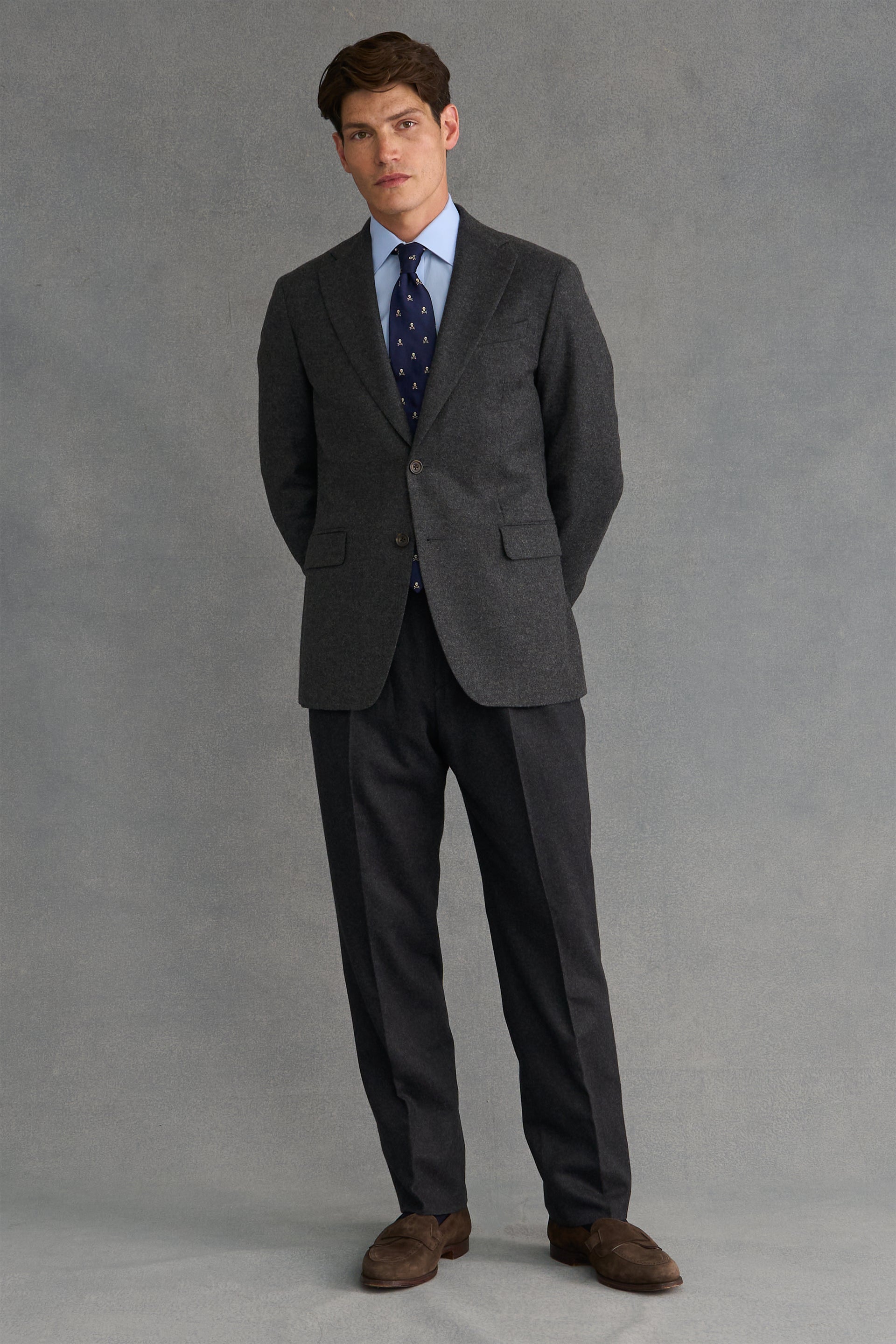 Dark Grey Single Pleat Flannel Trousers