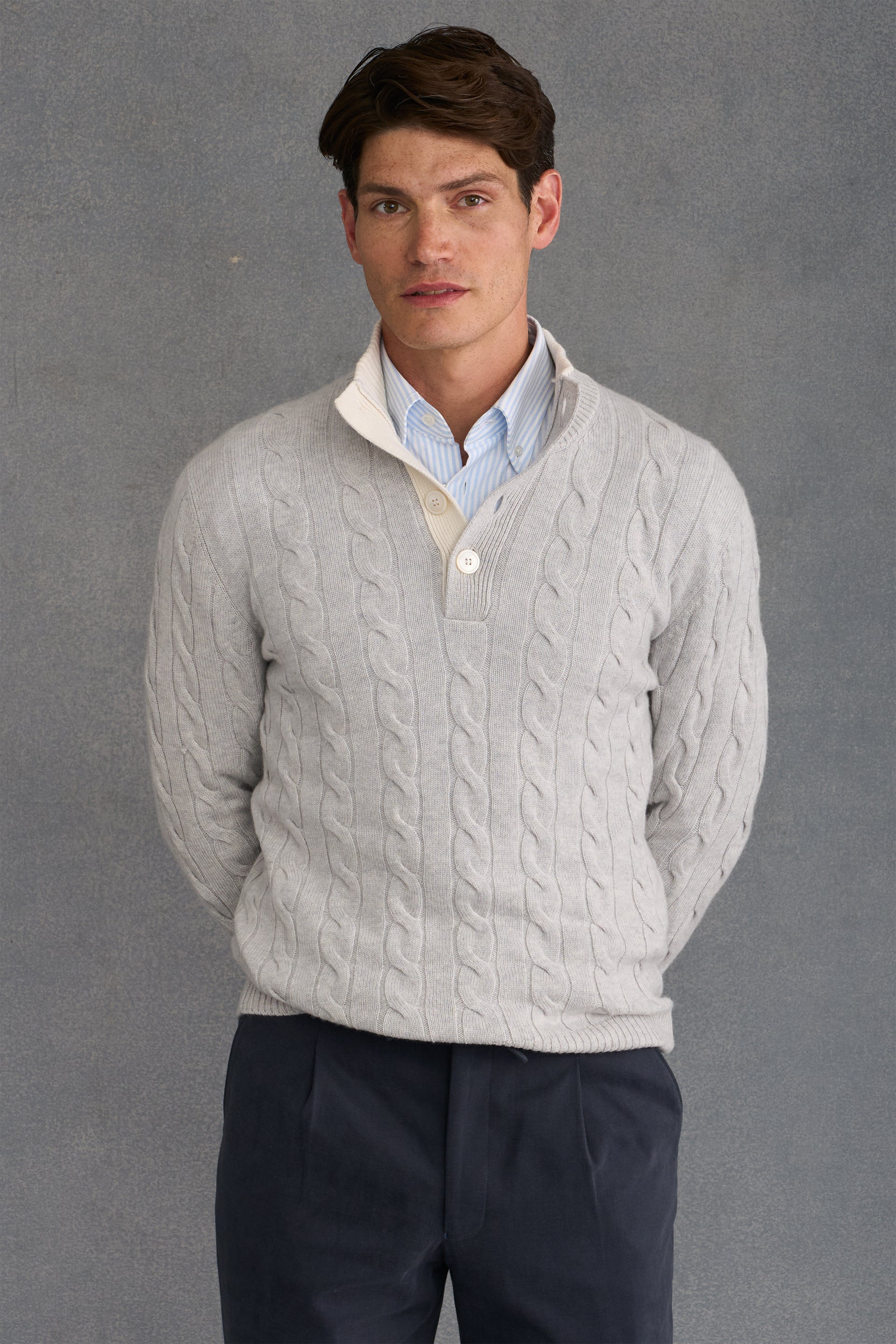 Grey & Cream Button Neck Cable Knit Jumper