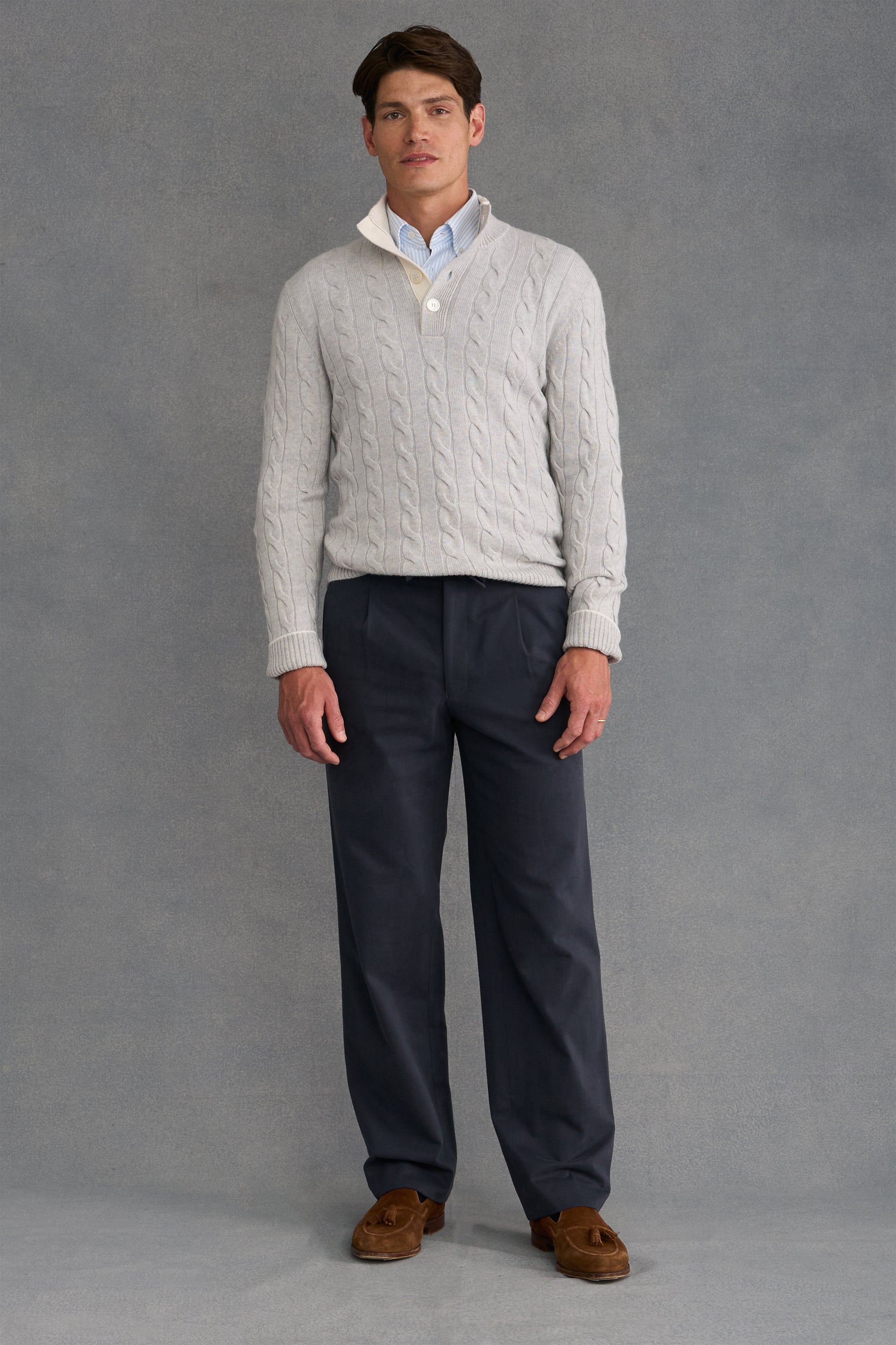 Grey & Cream Button Neck Cable Knit Cashmere Jumper