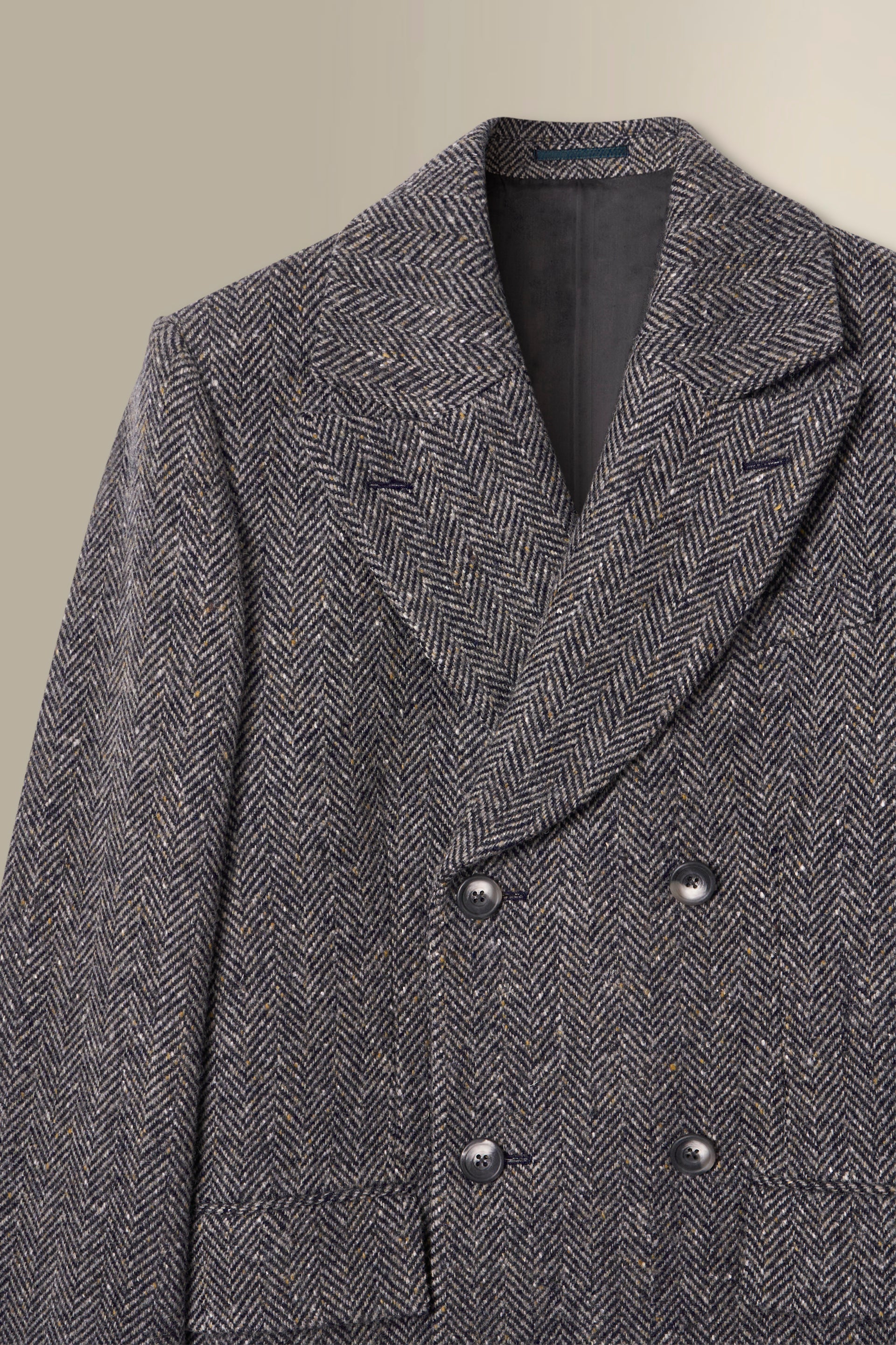 Grey Herringbone Double Breasted Wool Overcoat