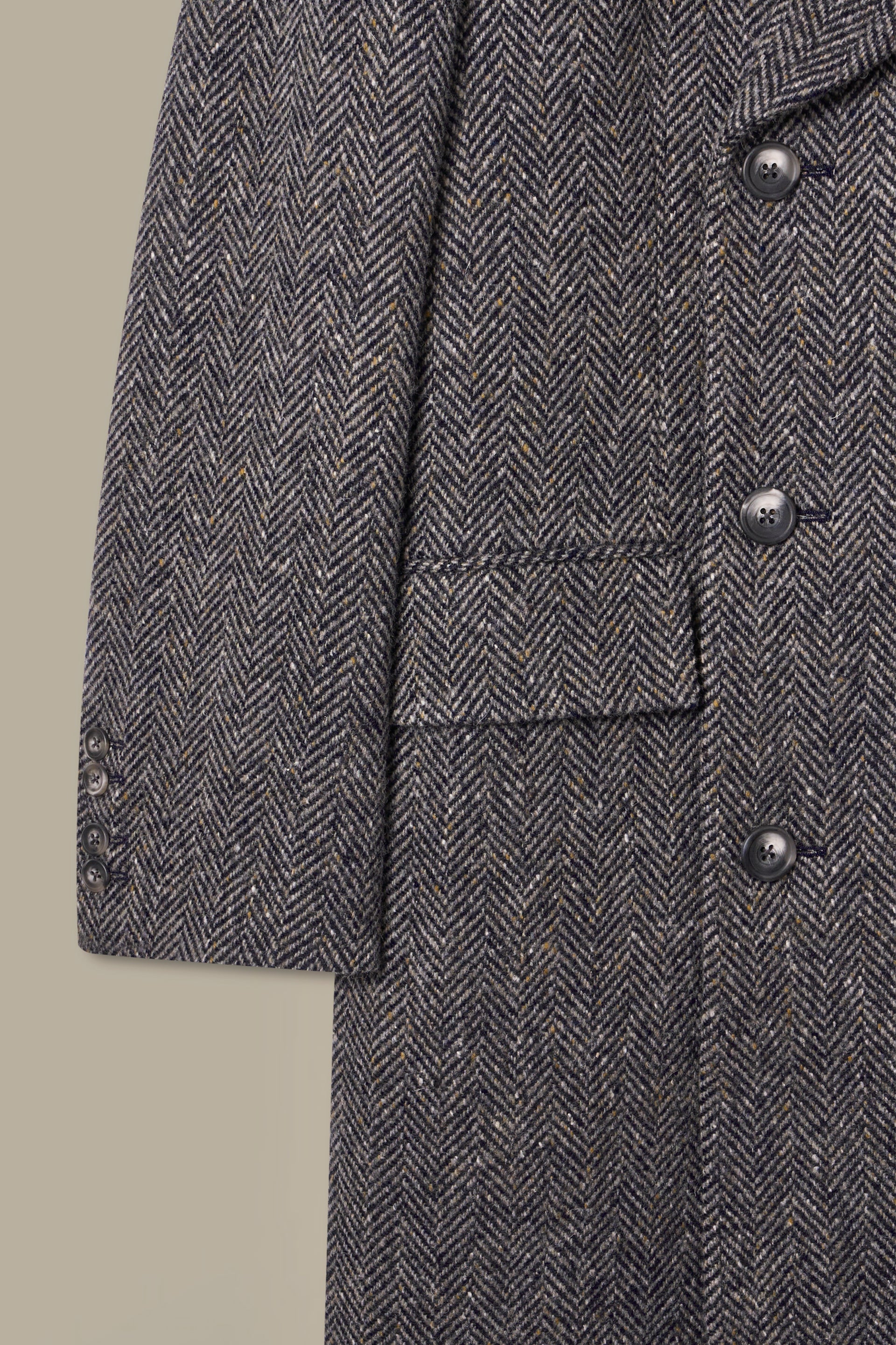 Grey Herringbone Double Breasted Wool Overcoat