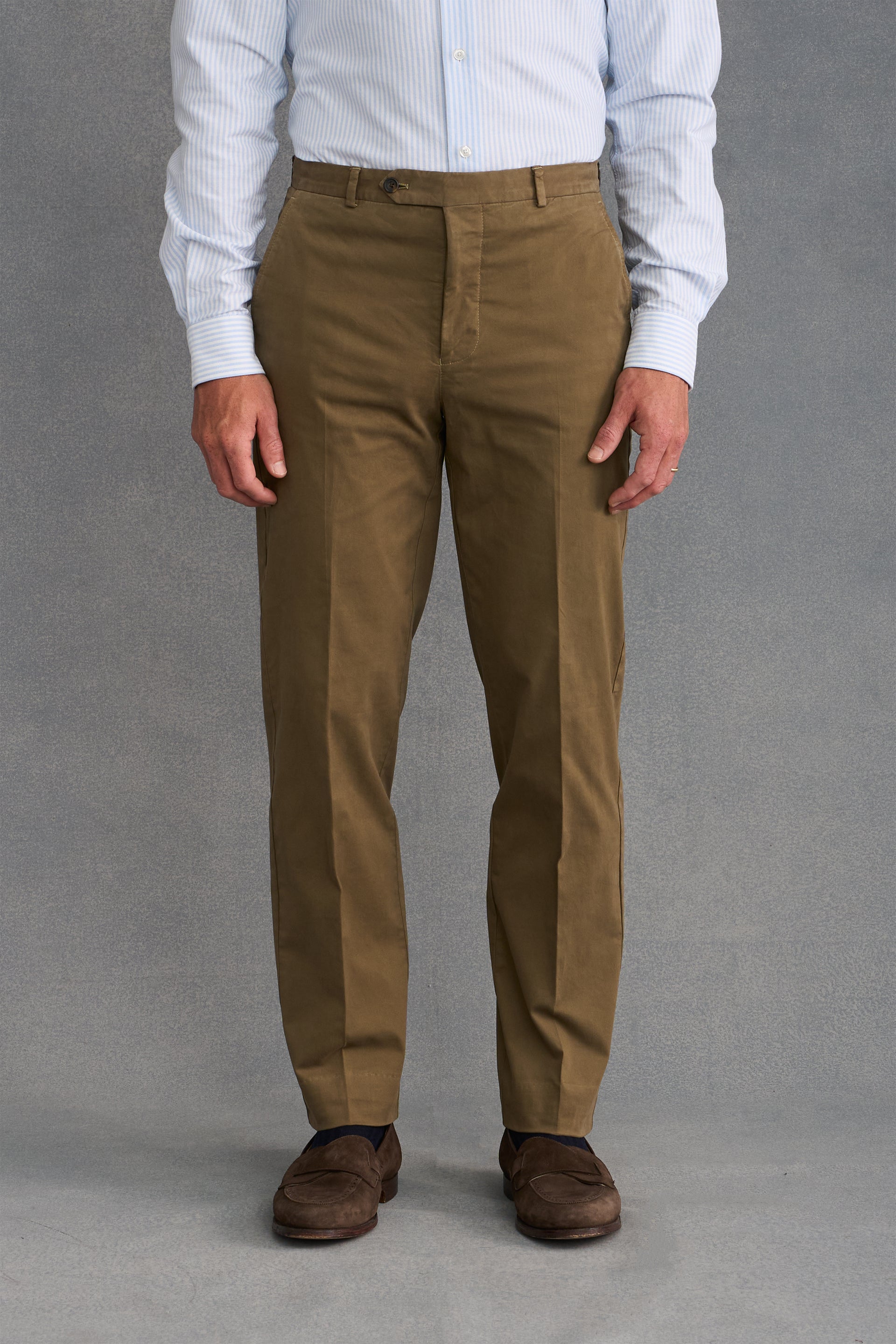 Khaki Flat Front Garment Dyed Trousers