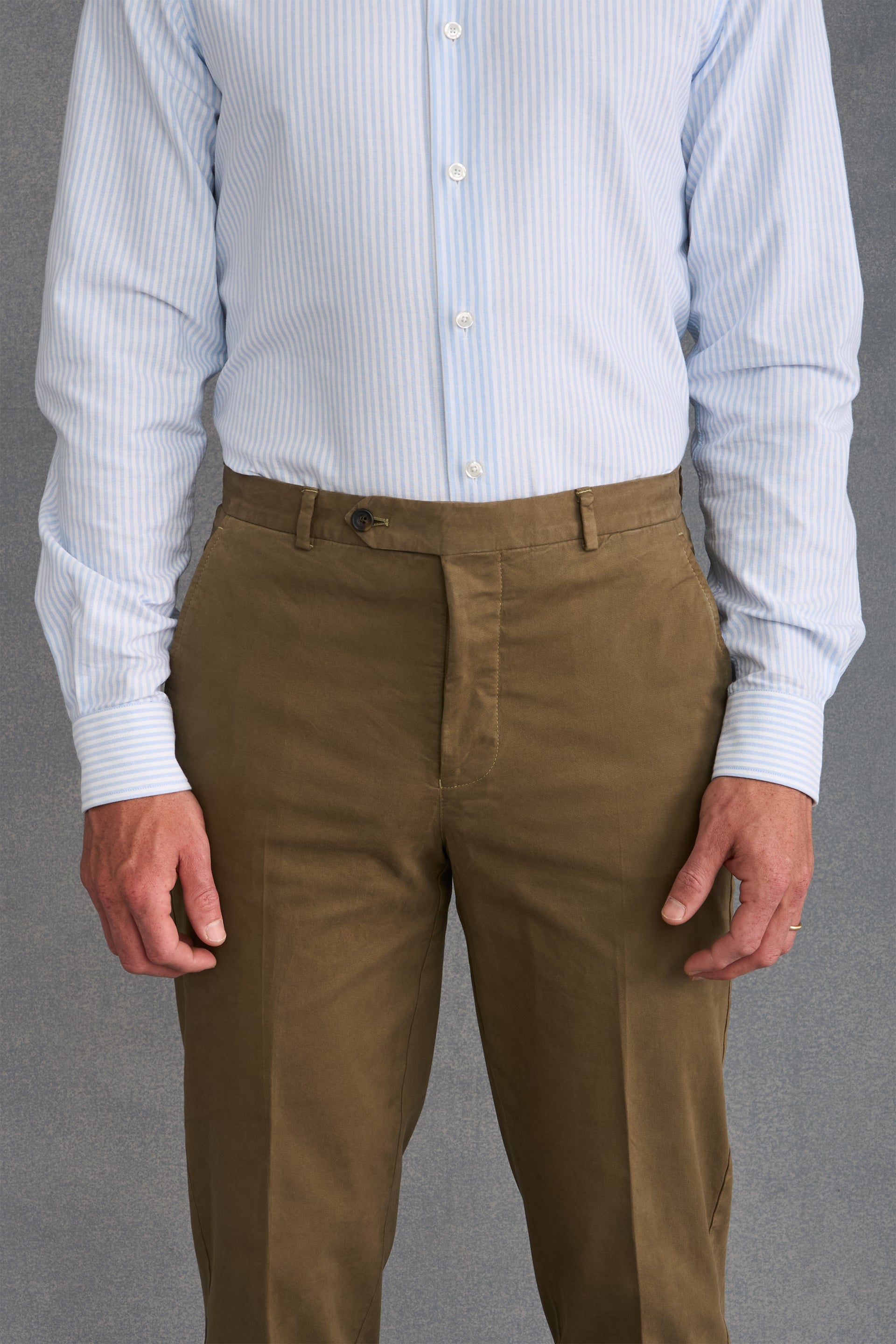 Khaki Flat Front Garment Dyed Trousers