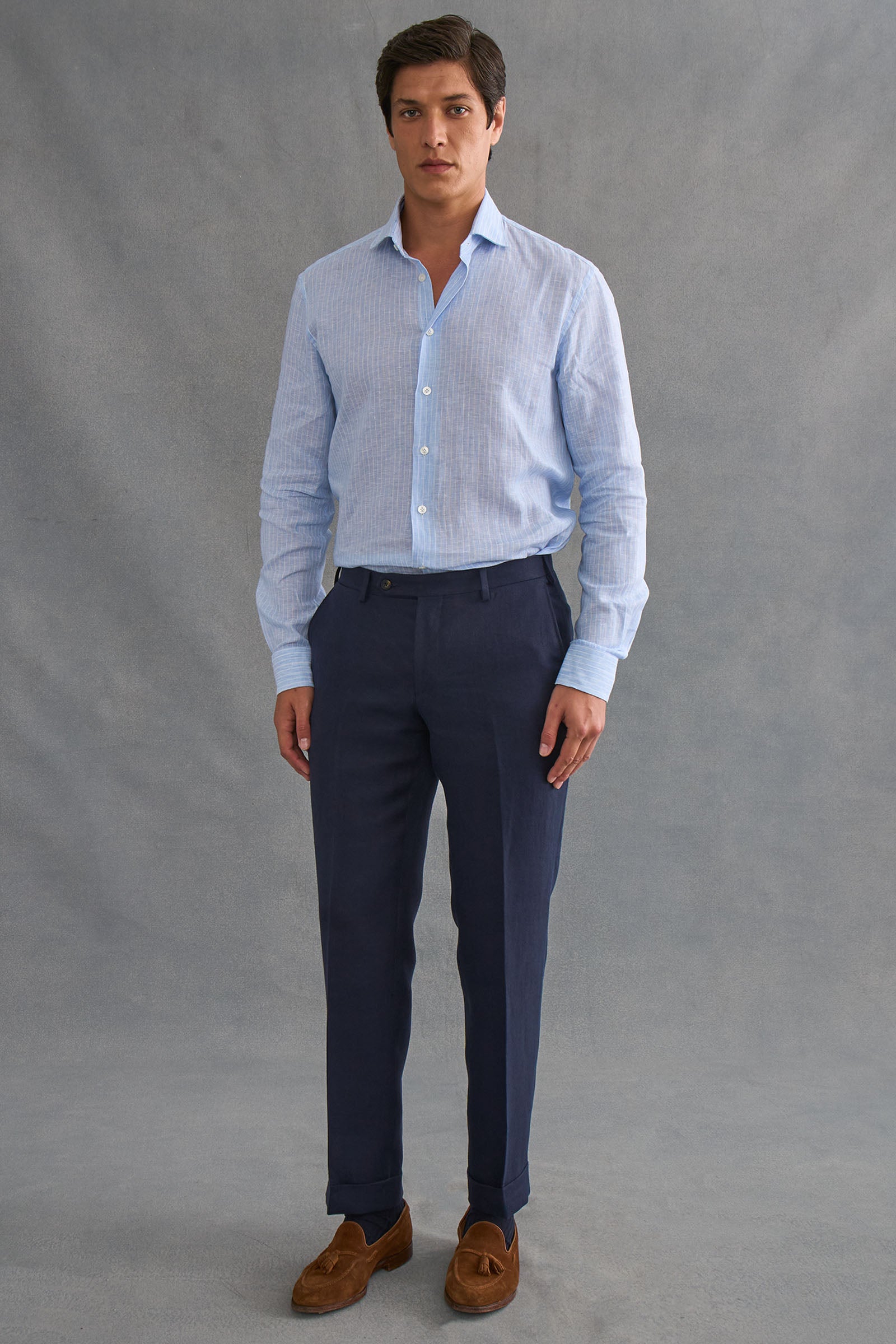 Navy Flat Front Linen Twill Trousers