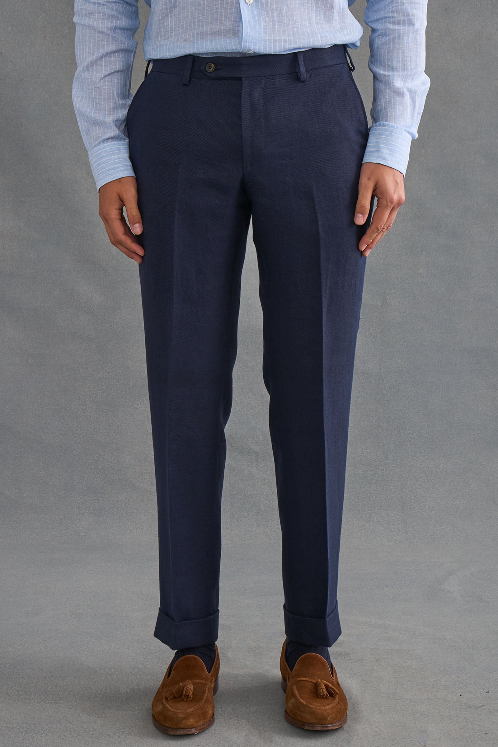 Navy Flat Front Linen Twill Trousers