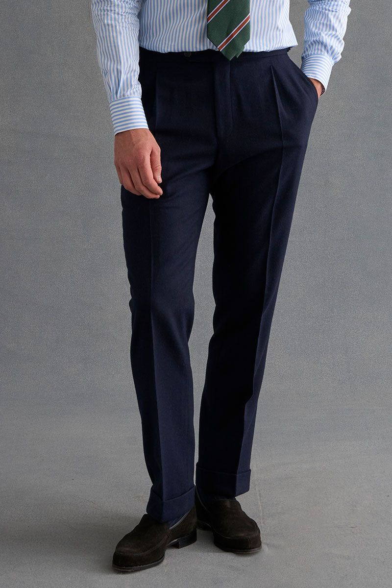 Navy Single Pleat Flannel Trousers