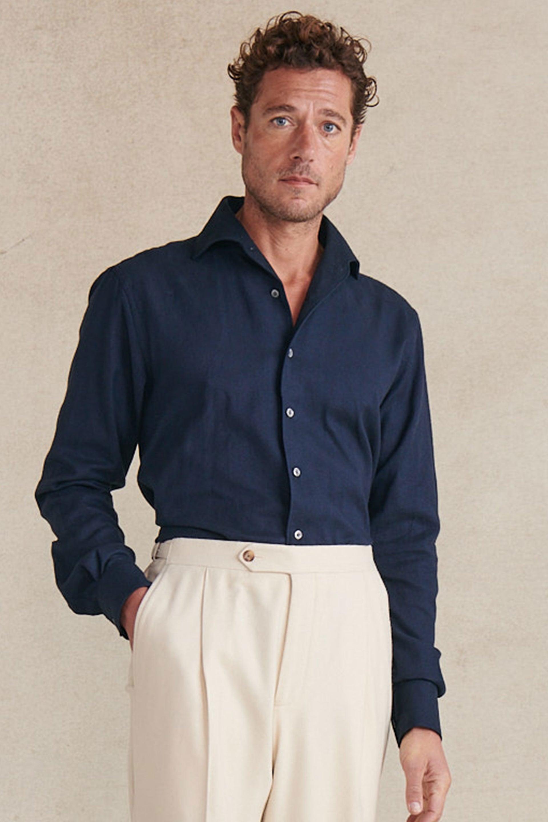 Navy Herringbone One Piece Collar Standard Fit Flannel Shirt